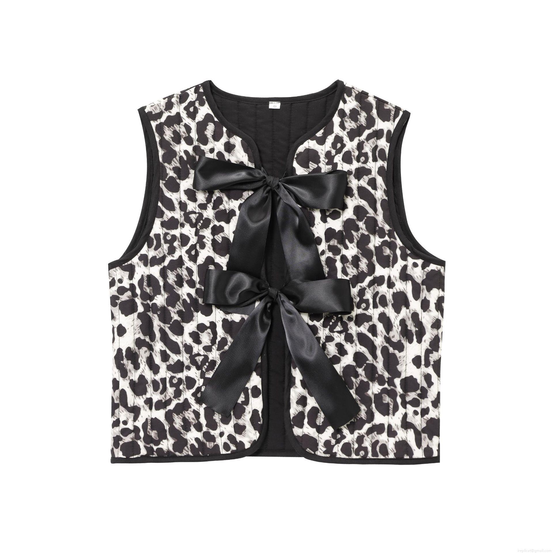 Women's Leopard Print Quilted Vest With Black Satin Bow Vintage Sleeveless Jacket Casual Fashion Streetwear Outerwear For Women