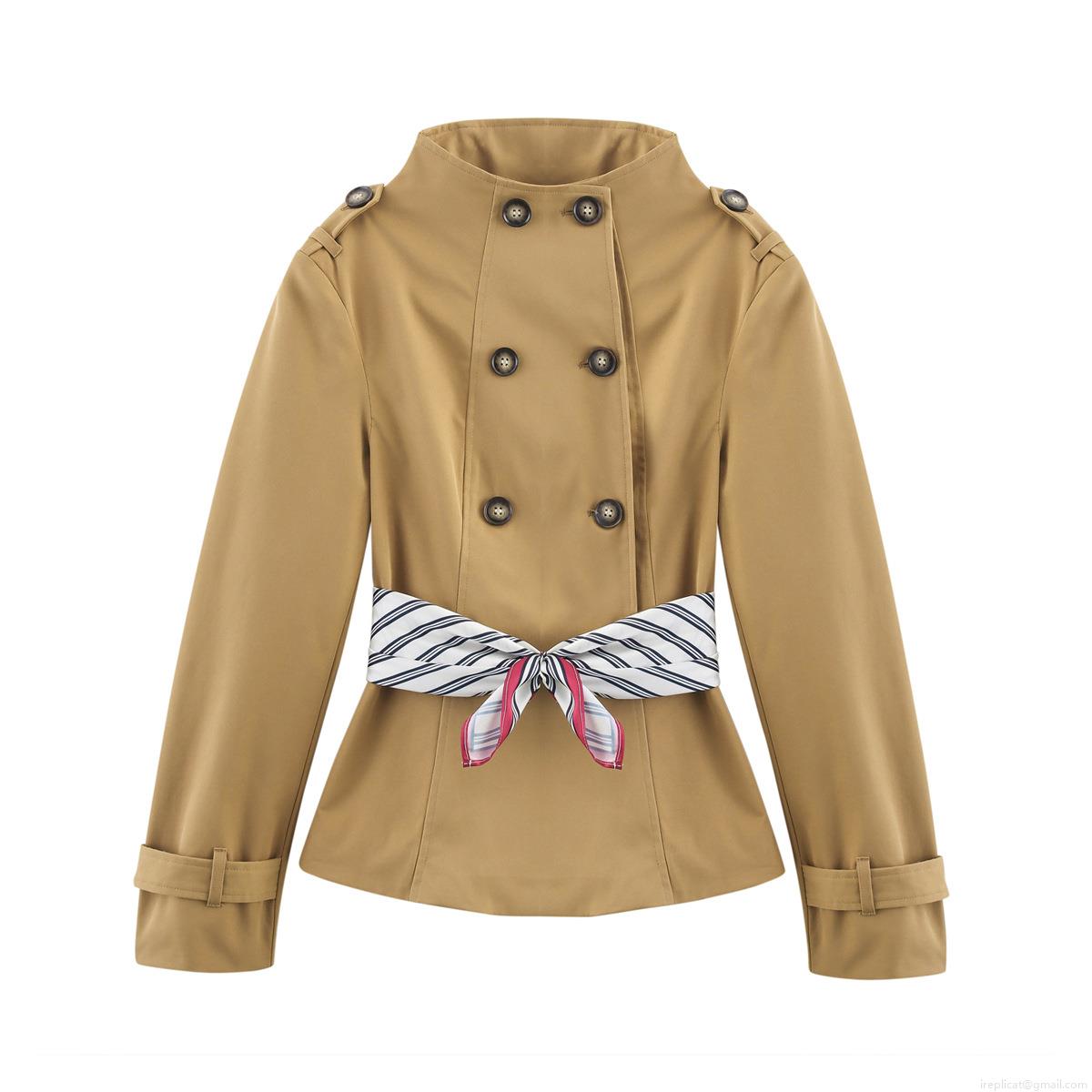 Women's Double Breasted Short Trench Coat Jacket With Striped Scarf Belt Elegant Khaki Windproof Outwear For Office Lady Daily Wear