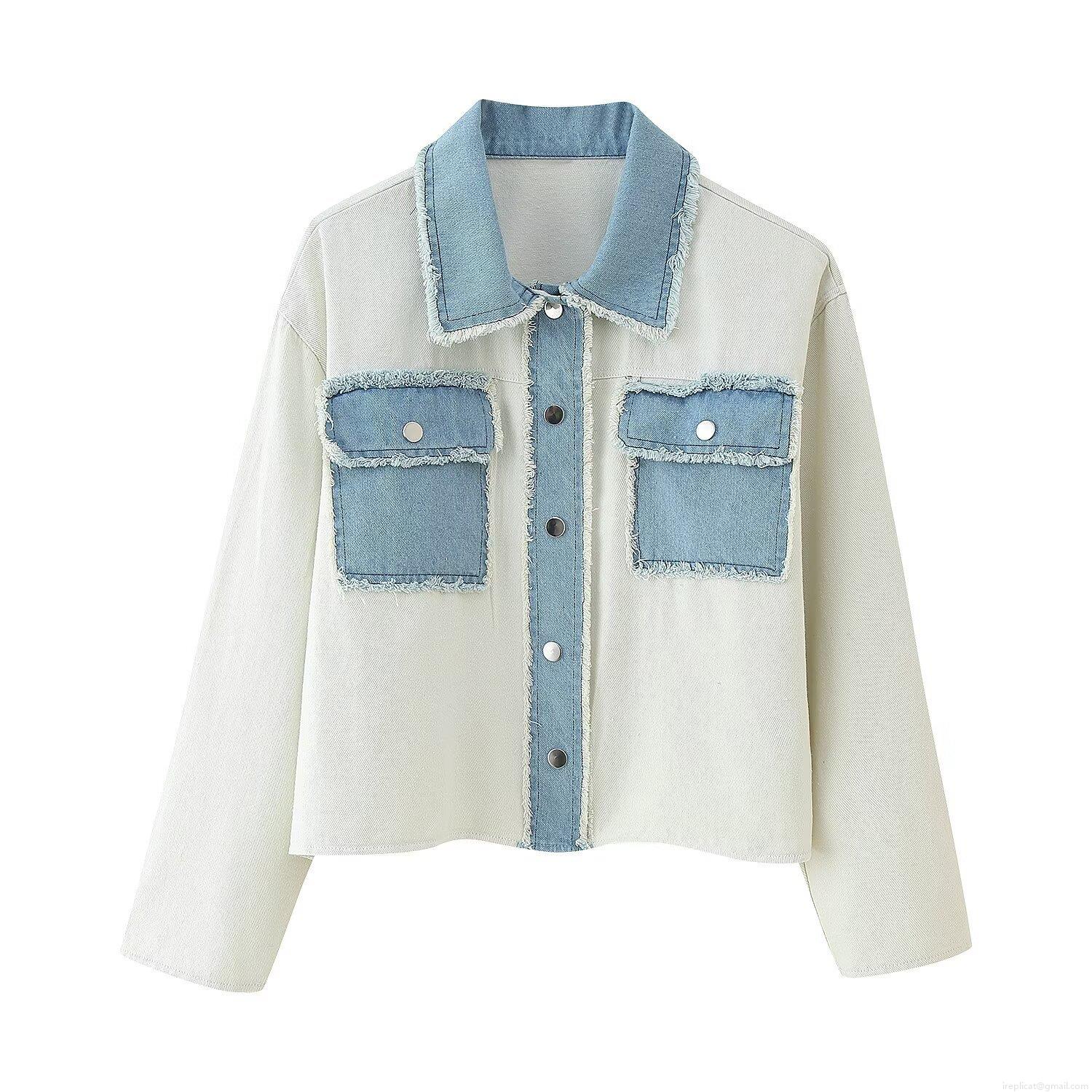 Women's Contrast Color Spliced Denim Jacket Fashion Raw Hem Lapel Long Sleeve Cropped Outwear Street Style Cotton Polyester Blend Button Down Casual Coat