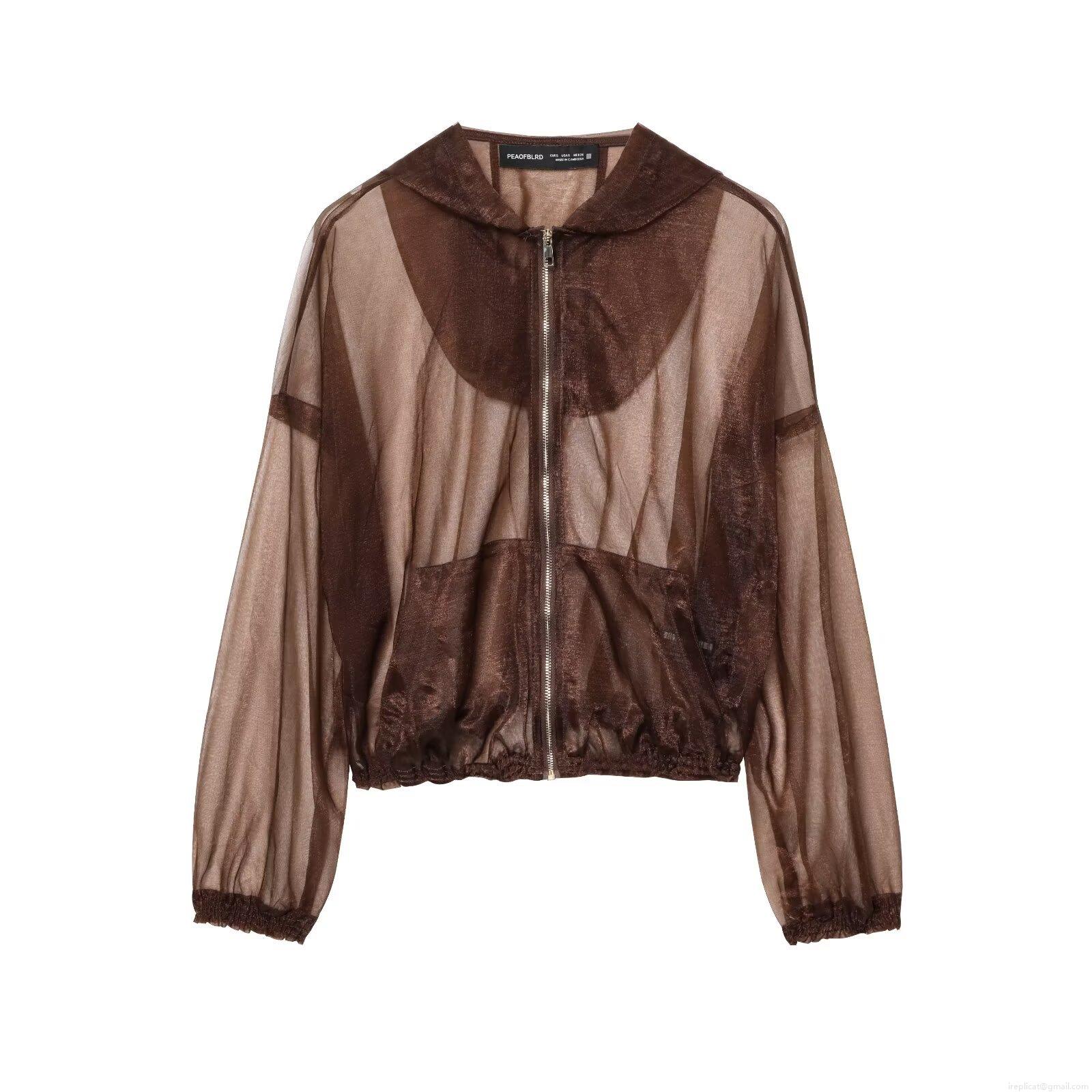 Women Fashion Sheer Organza Hooded Jacket Coffee Brown Transparent Mesh Zipper Short Outerwear Lightweight Breathable Windbreaker For Casual Party Streetwear
