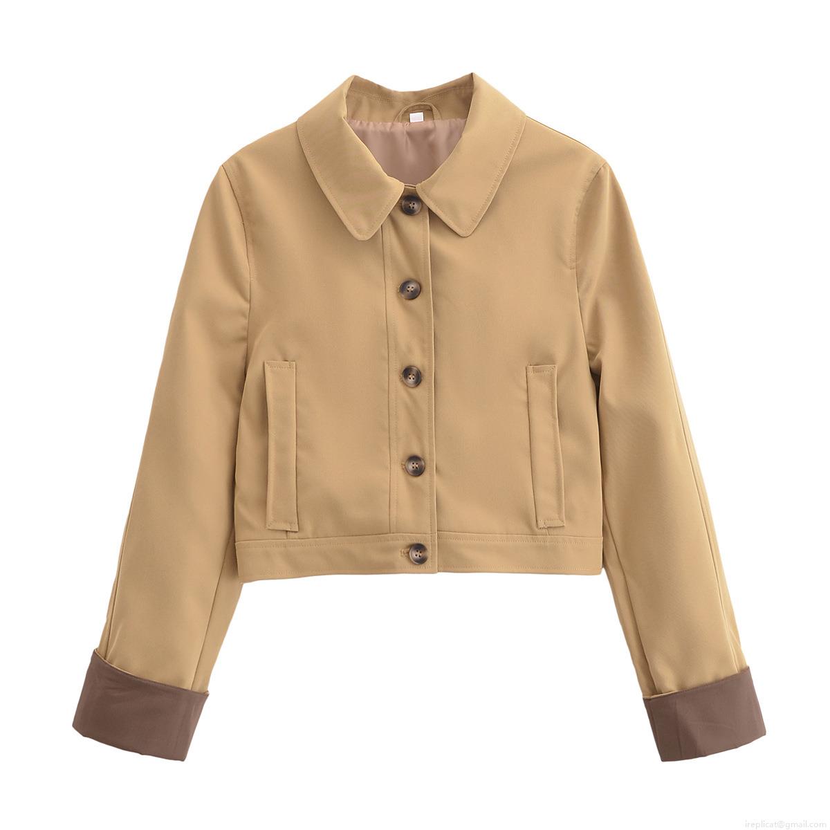 Women's Short Trench Coat Jacket 100% Polyester Lapel Single Breasted Color Block Cuffs Long Sleeve Outerwear For Women Commuting Office Casual Elegant Khaki Jacket