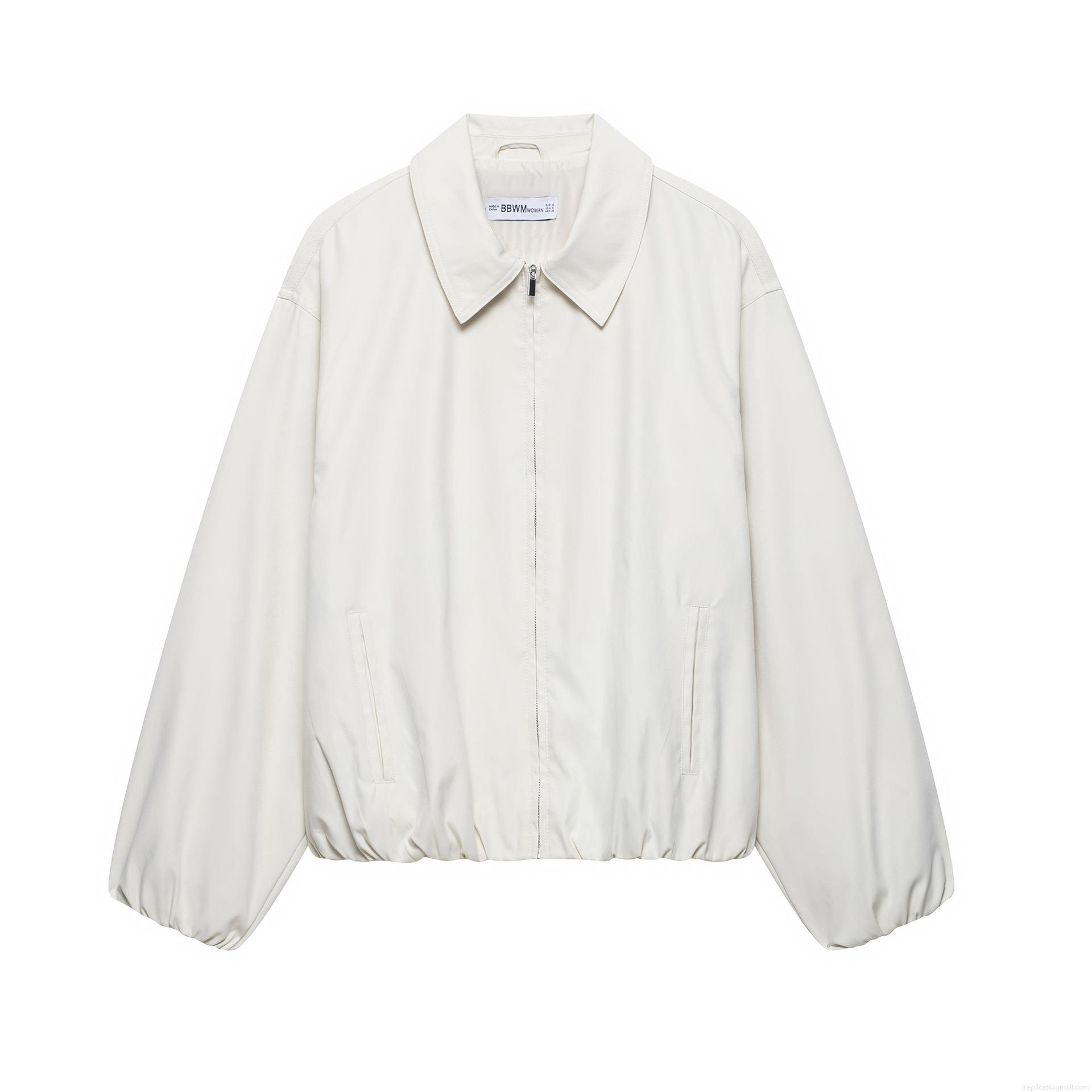 Women's Fashionable Bomber Jacket 100% Polyester Solid Color Lapel Full Zipper Outerwear Long Sleeve Short Coat With Elastic Hem For Ladies