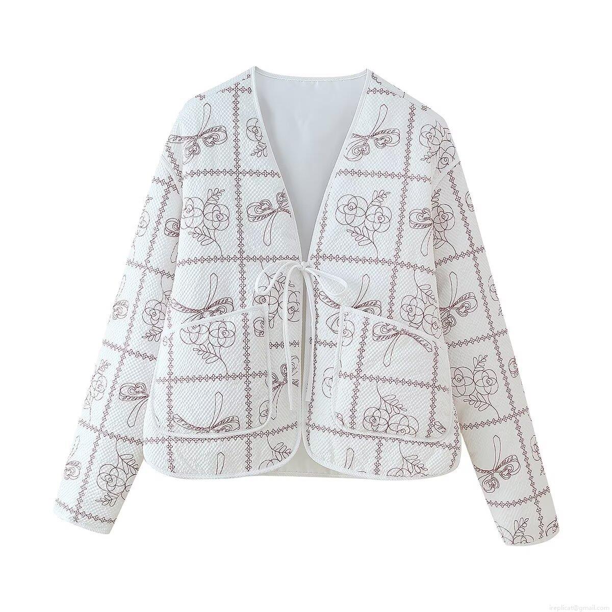 Women's Vintage Ethnic Quilted Jacket Floral Bow Embroidery Cotton Polyester Blend V Neck Tie Front Long Sleeve Coat With Pockets For Autumn Winter Casual Wear