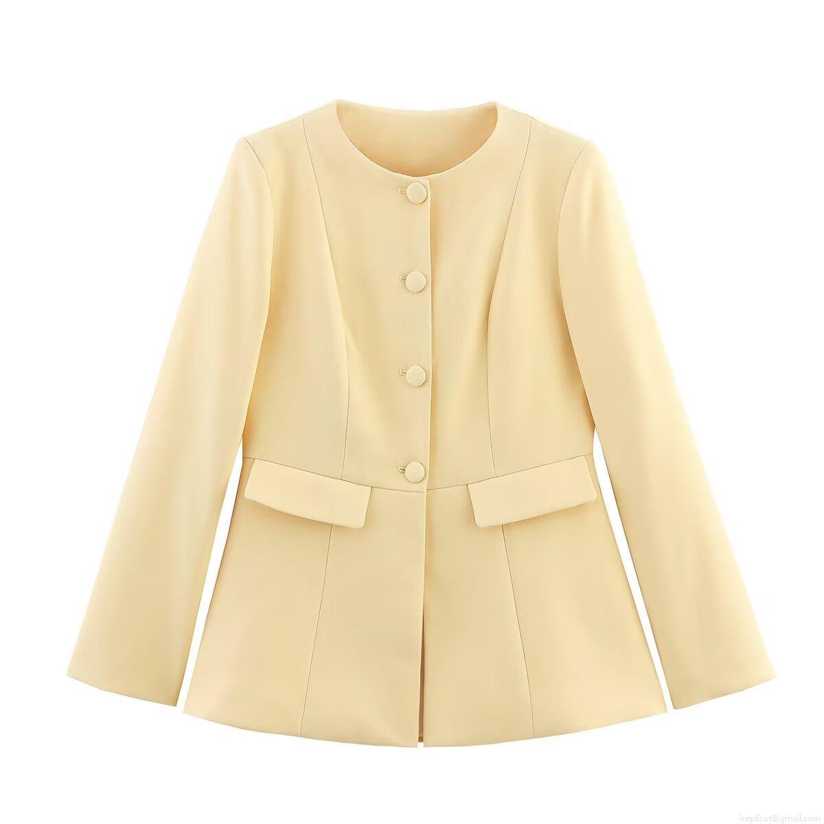 Women's Round Neck Long Sleeve Short Jacket Solid Light Yellow Slim Fit Single Breasted Buttons Twill Polyester Outwear Coat For Ladies Office Casual Wear