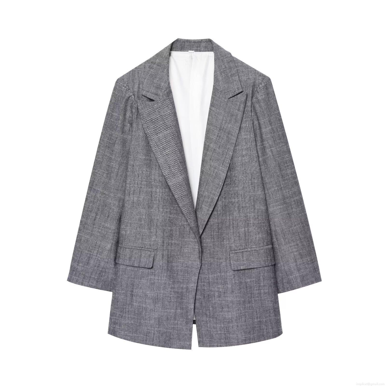 Women's Casual Linen Style Blazer Jacket Solid Grey Long Sleeve Commuter Office Work Suit Outerwear With Striped Cuffs For Ladies