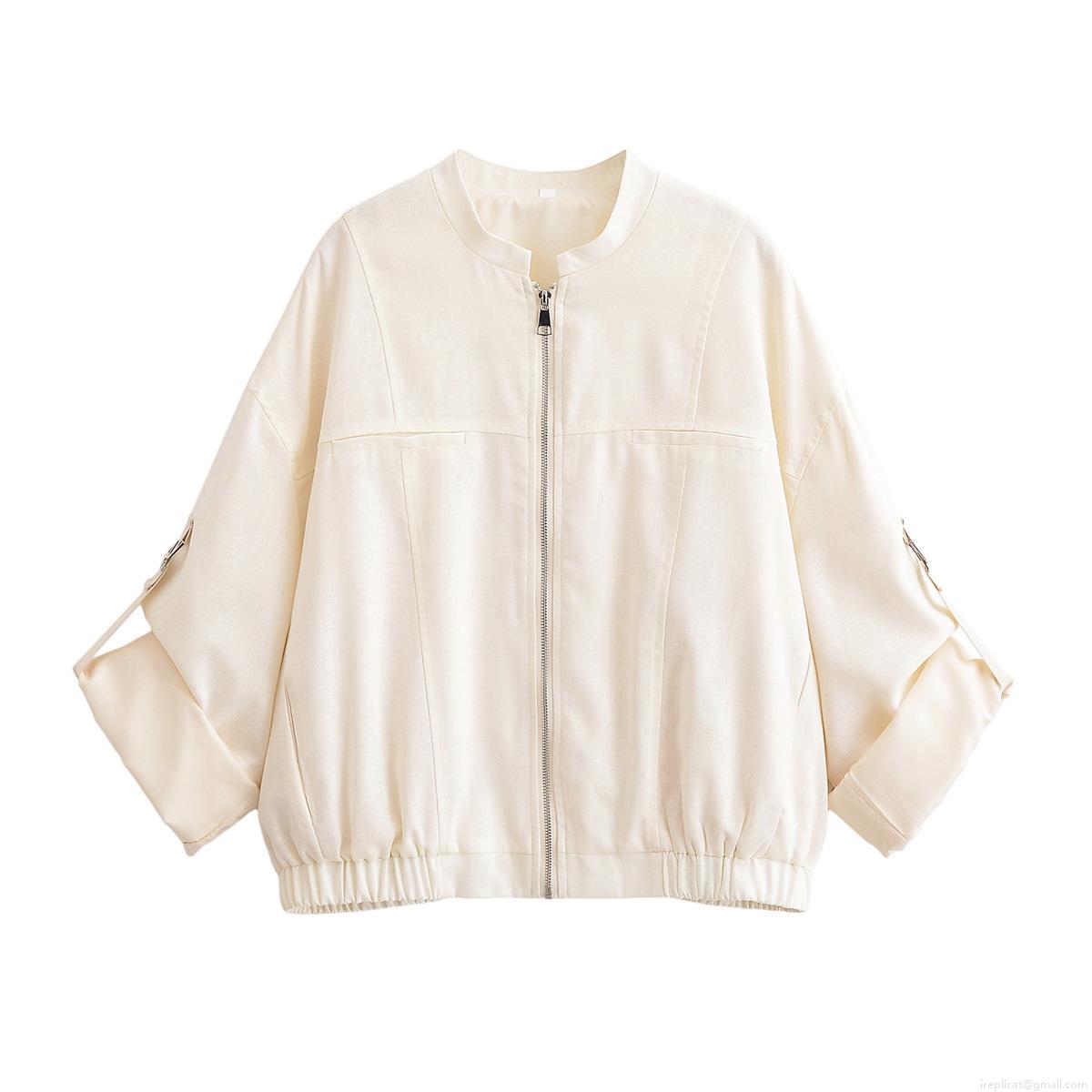 Women's Loose Casual Zipper Jacket Coat Polyester Linen-like Texture Square Collar Elastic Hem Long Sleeve Outerwear For Daily Streetwear