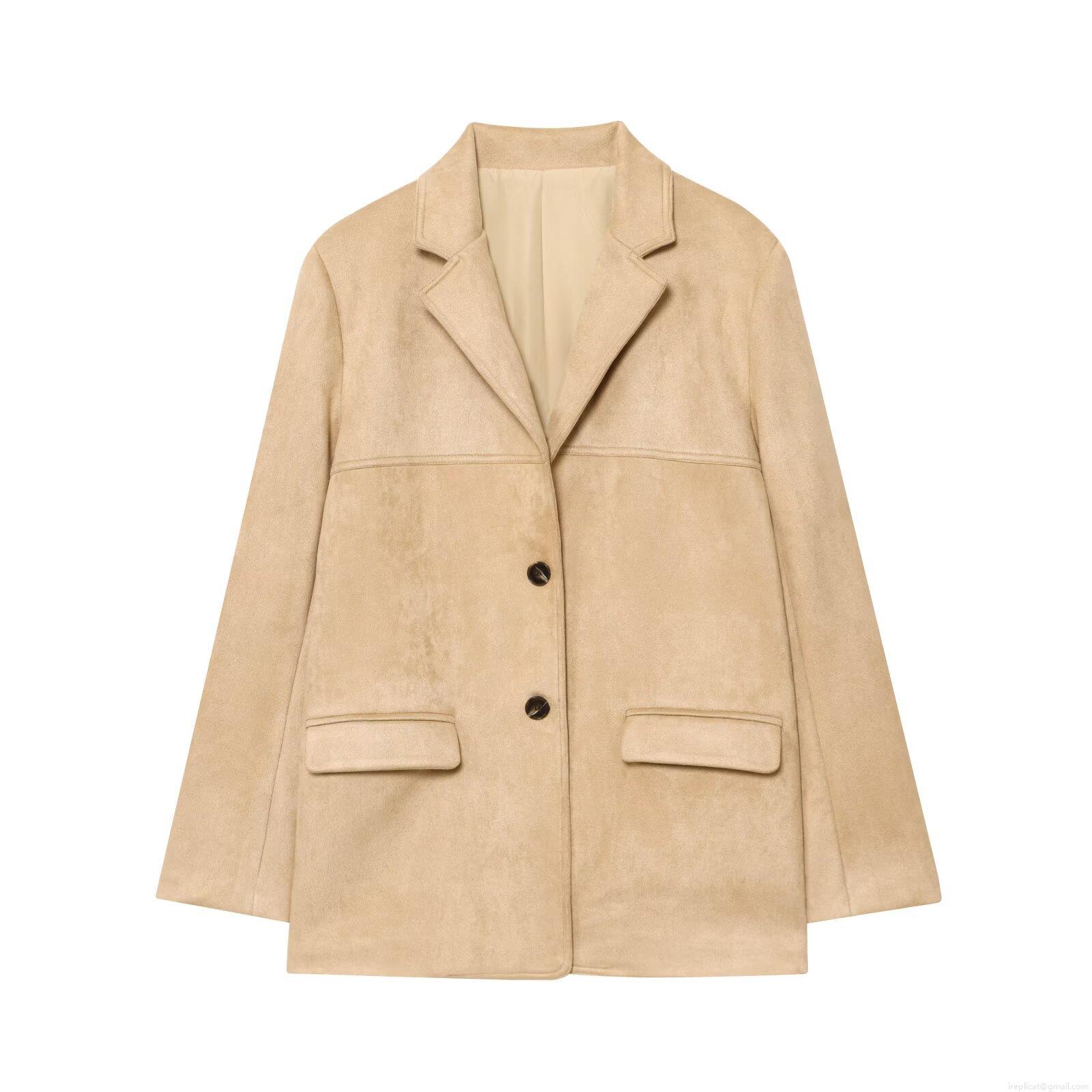 Women's Fashion Suede Texture Blazer Notched Lapel Single Breasted Long Sleeve Mid-Length Khaki Outerwear Casual Office Suit Jacket