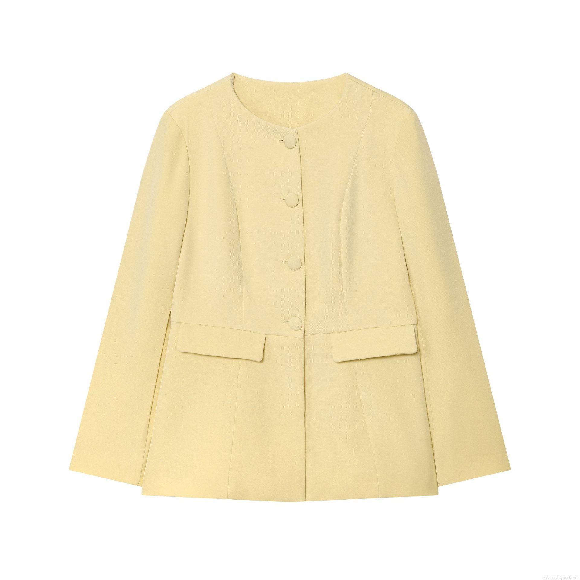 Women's Round Neck Single Breasted Jacket Elegant Pale Yellow Long Sleeve Slim Fit Blazer For Daily Commuting Casual Outwear Stylish Office Lady Solid Color Short Coat