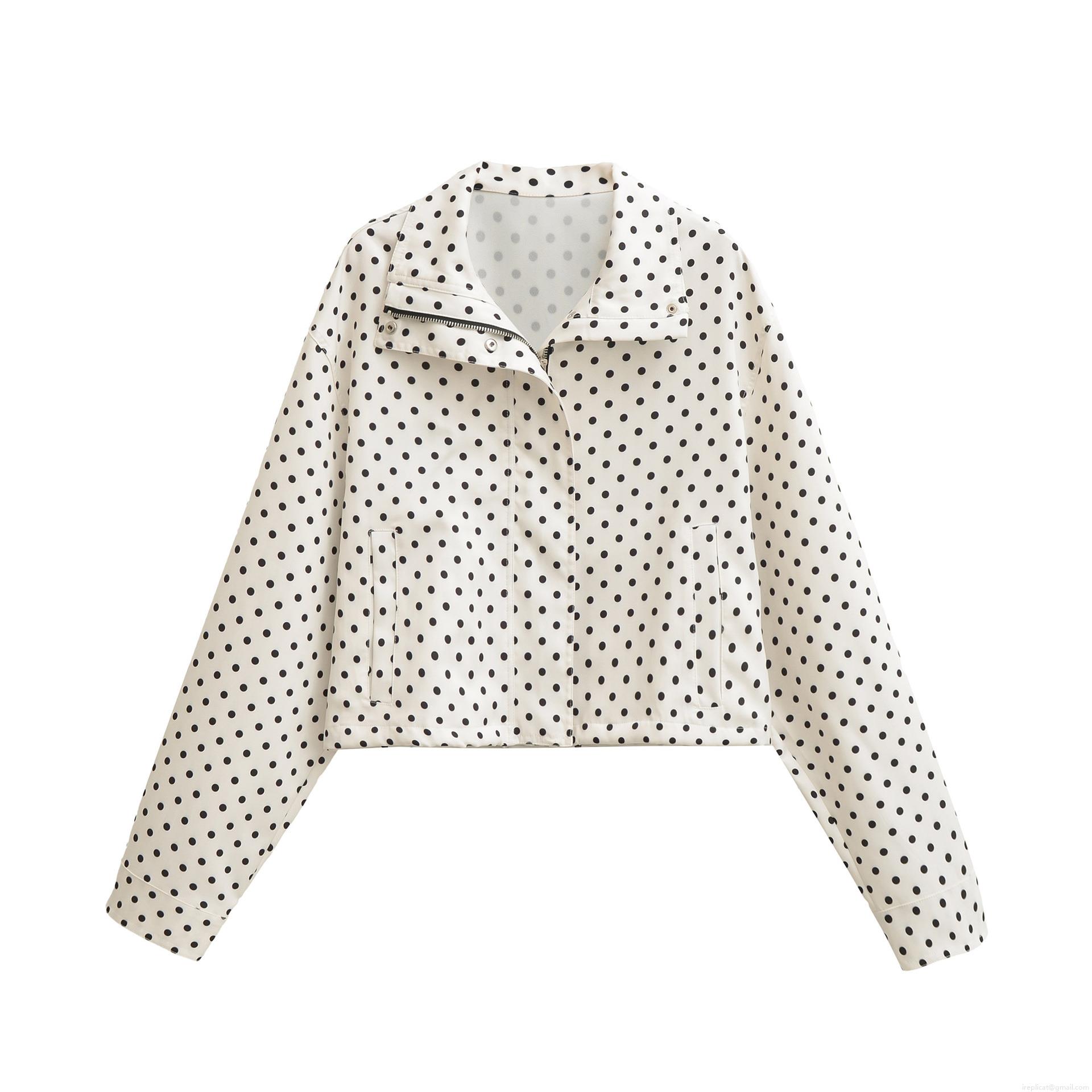 Women's Polka Dot Zip Up Jacket Fashion Stand Collar Cropped Outerwear Polyester Long Sleeve Casual Streetwear Seersucker Coat For Spring Autumn