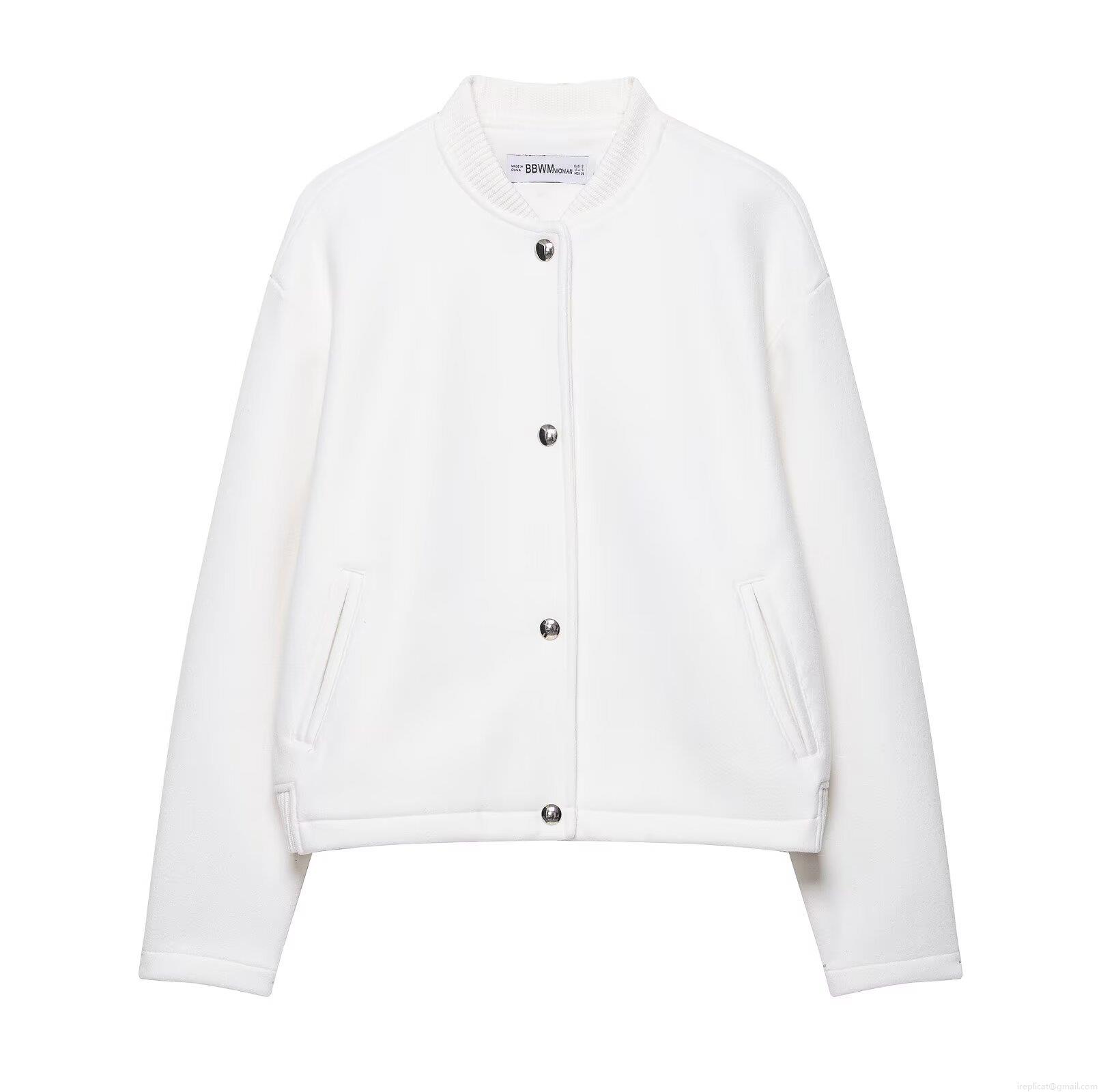 Women's Casual Short Bomber Jacket 100% Polyester Solid White Flight Jacket With Metallic Buttons Ribbed Trim Baseball Collar Streetwear Outerwear For Women