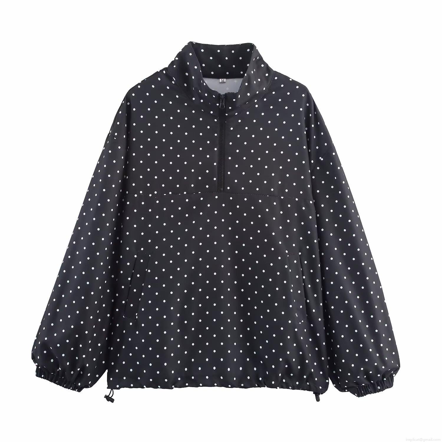 Women's Casual Polka Dot Jacket Lightweight Polyester Quarter Zip Windbreaker Pullover Coat With Drawstring Hem For Women Spring Autumn
