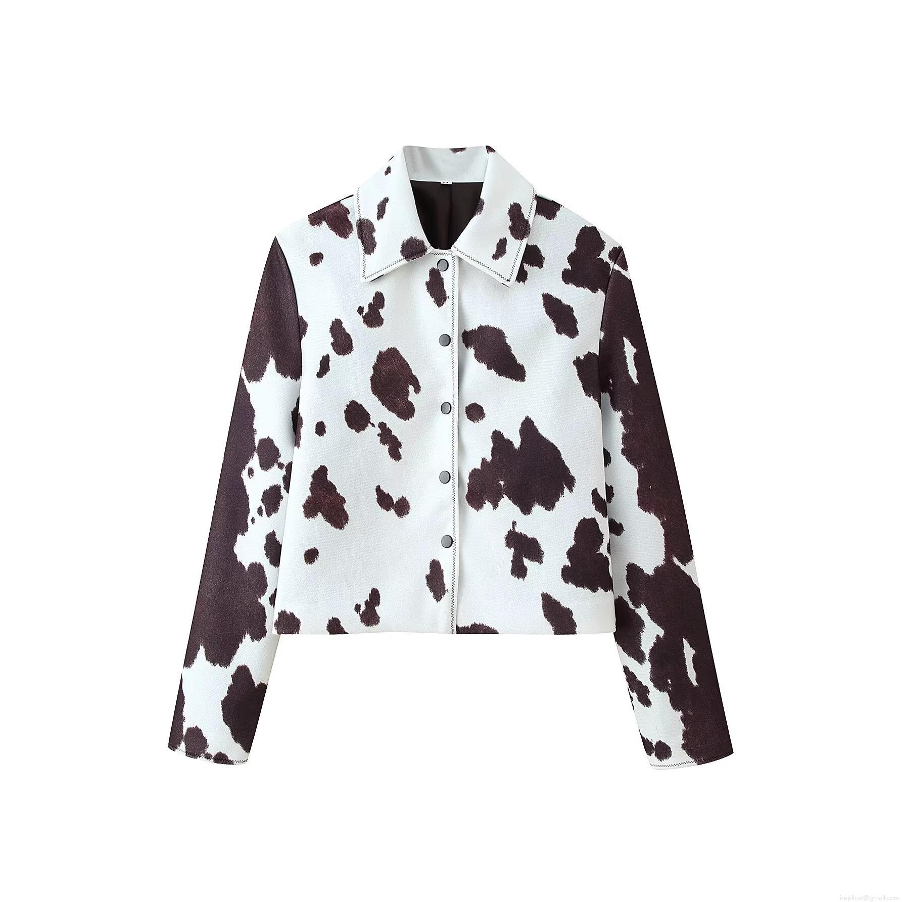 Women Casual Cow Print Jacket Fashion Polyester Lapel Button Down Cropped Outerwear Long Sleeve Streetwear Top For Ladies