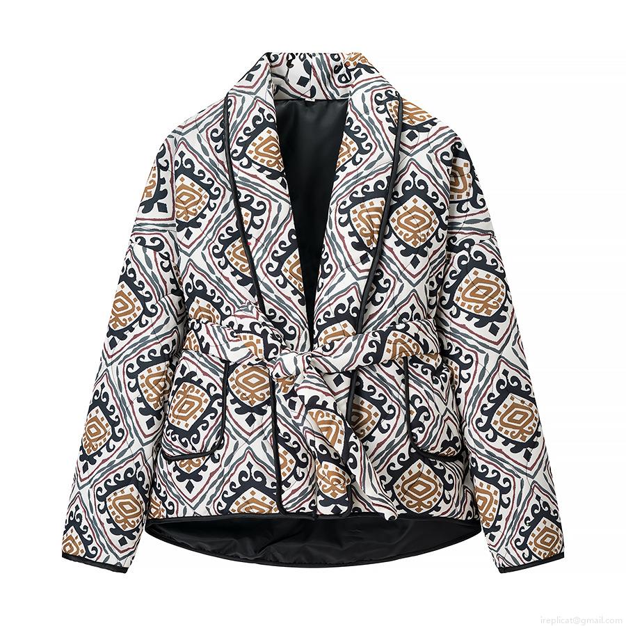 Women's Vintage Ethnic Geometric Print Quilted Jacket V-Neck Lace-Up Padded Coat Bohemian Long Sleeve Lightweight Cotton Blend Outwear