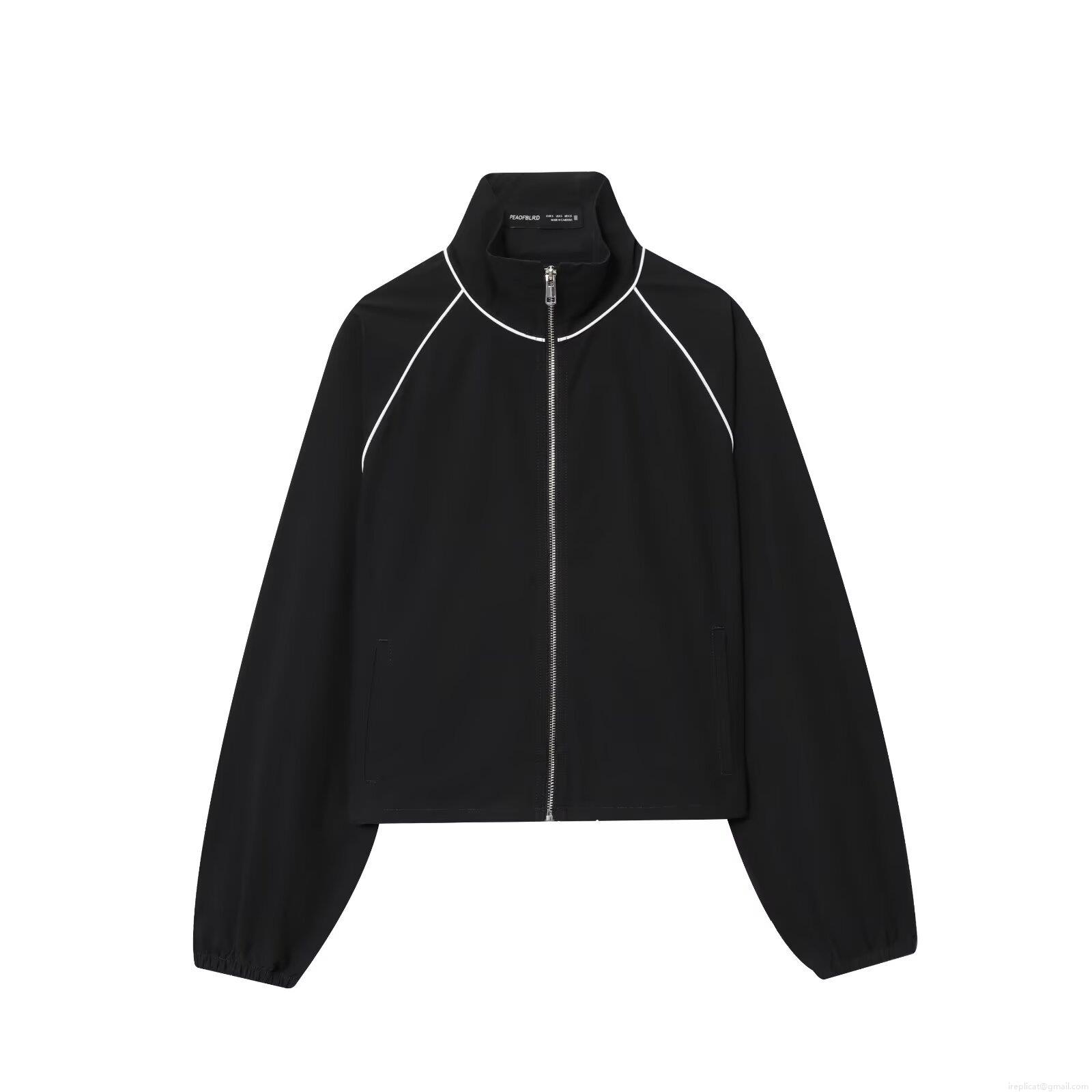 Women's Sporty Black Bomber Jacket Polyester Windproof Stand Collar Coat With Contrast Piping Streetwear Outerwear For Daily Casual Wear
