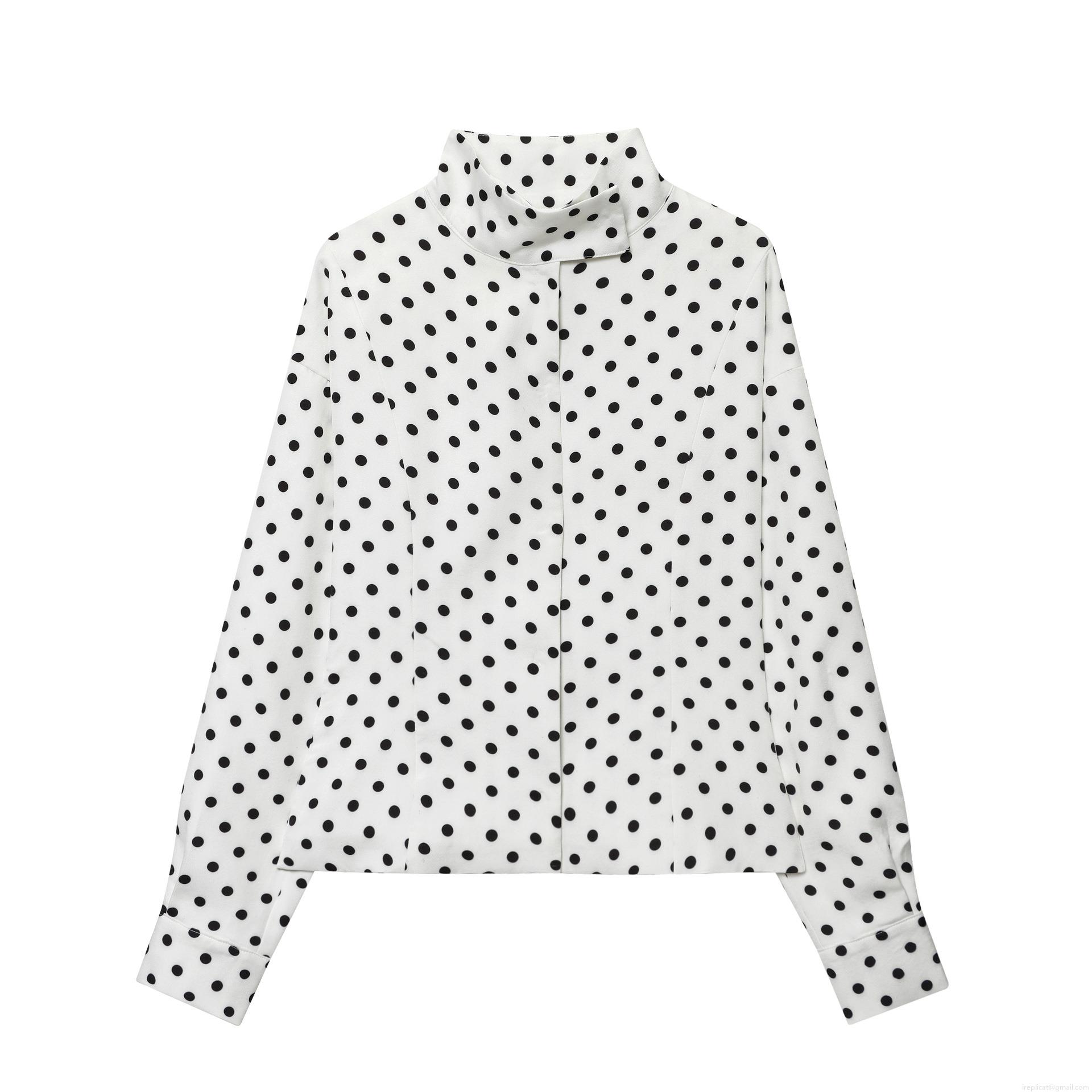 Women's French Retro Polka Dot Short Jacket High Neck Long Sleeve Blouse Coat With Concealed Buttons Fashion Casual Lightweight Outerwear Top