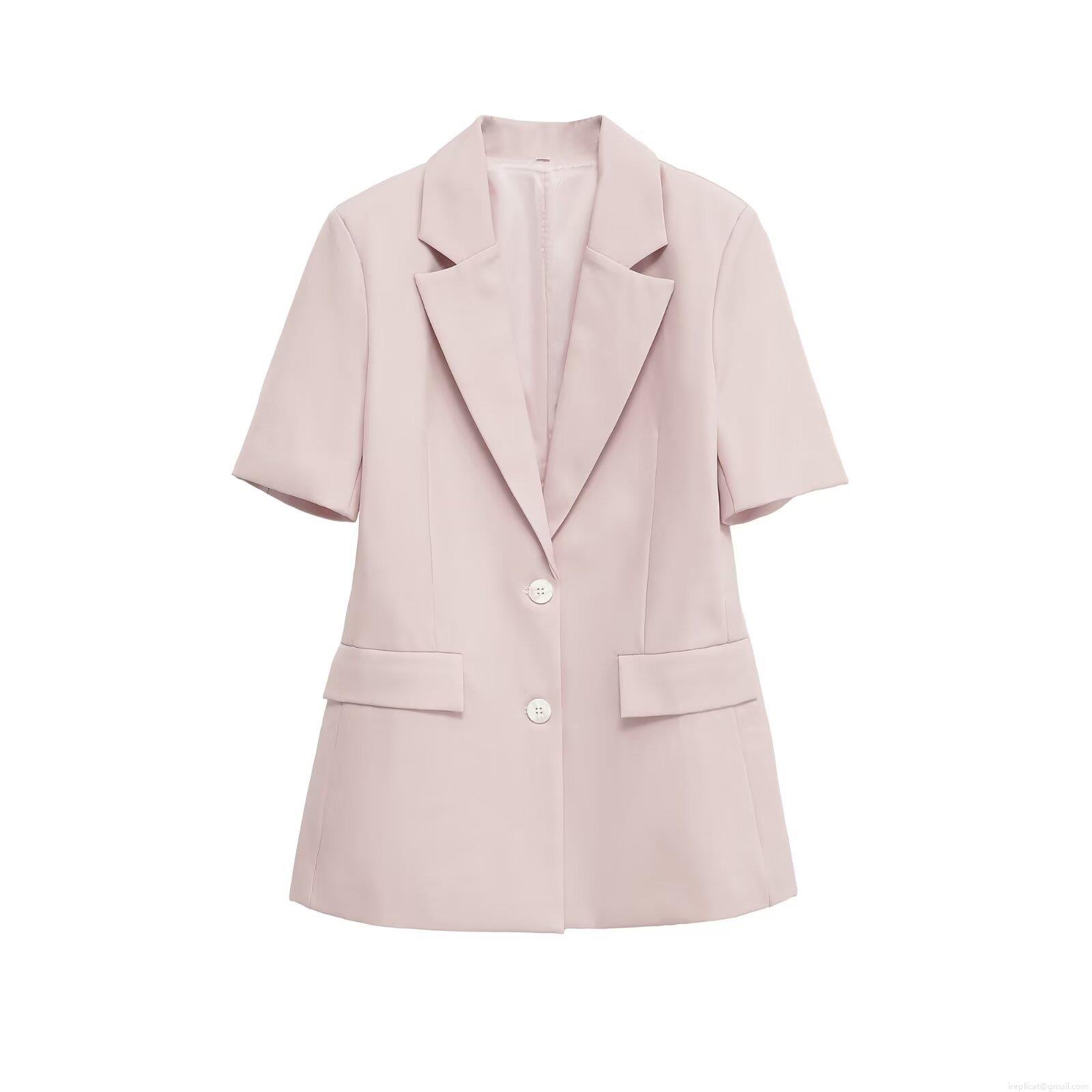 Women's Short Sleeve Blazer Jacket Casual Slim Fit 100% Polyester Solid Color Lapel Collar Single Breasted Office Outwear Pink