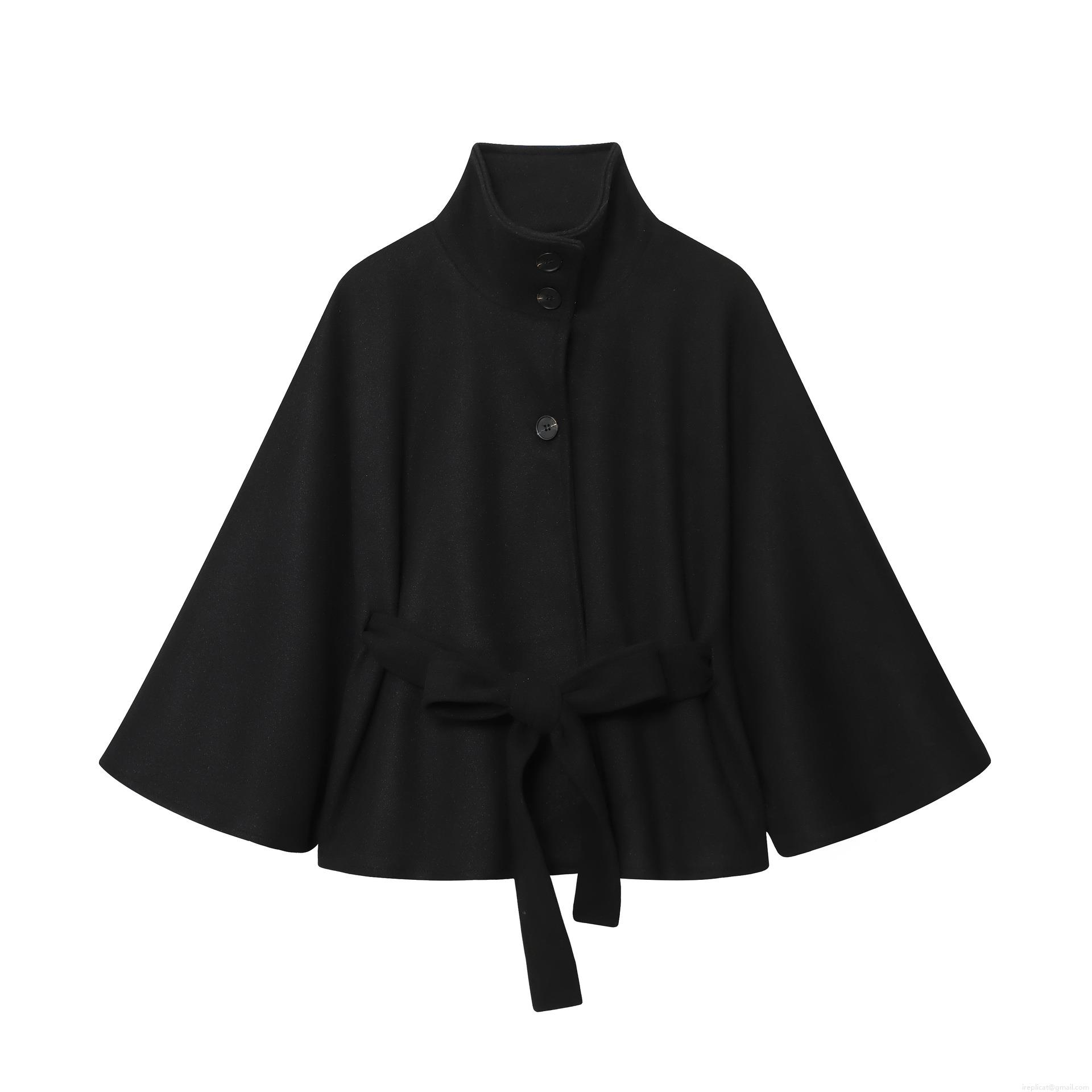 Women's Elegant Black Cape Coat Wool-Like Blend High Neck Cloak Jacket With Waist Belt Autumn Winter Solid Color Slim Outwear For Women