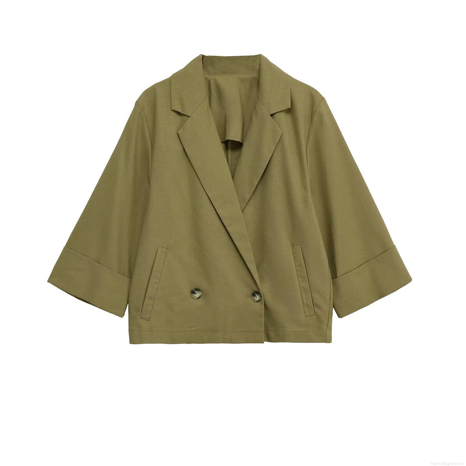 Women's Fashion Short Blazer Jacket Solid Olive Green Double Breasted Three Quarter Sleeve Lapel Collar Casual Outerwear Linen Look Suit Coat For Ladies