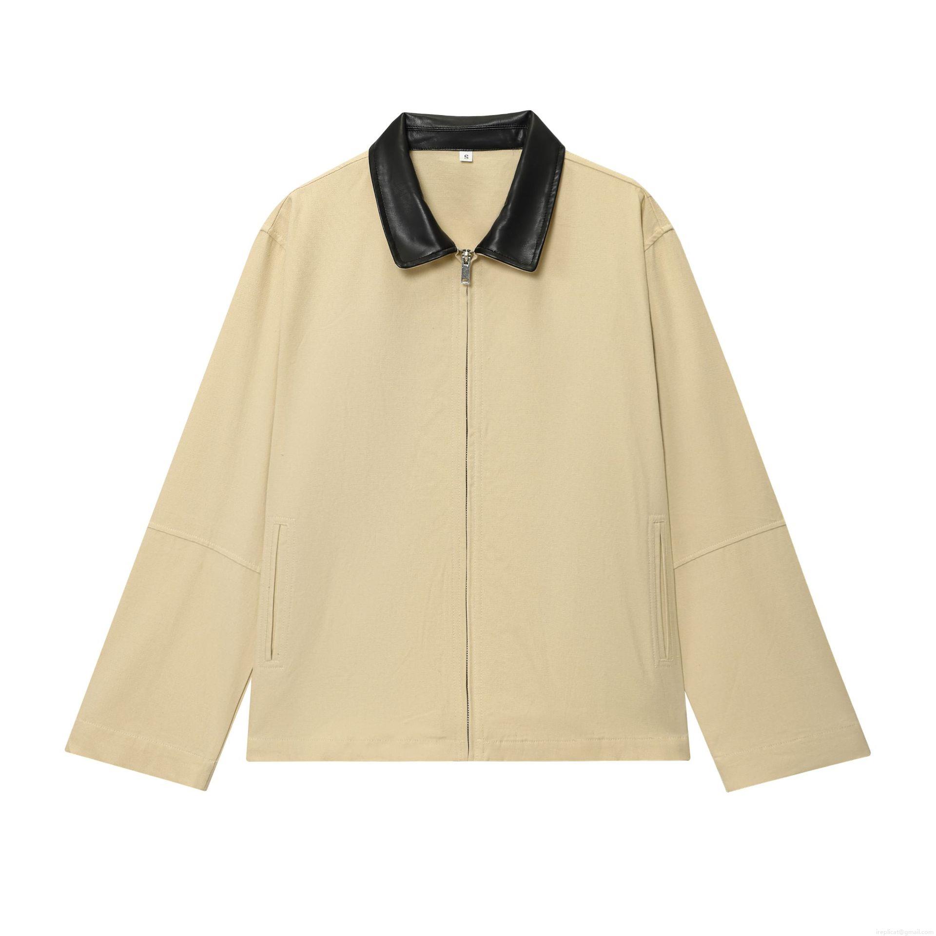 Women Fashion Casual Patchwork Jacket PU Leather Collar Polyester Canvas Full Zip Up Long Sleeve Khaki Outerwear Lapel Neck Fall Winter Short Coat