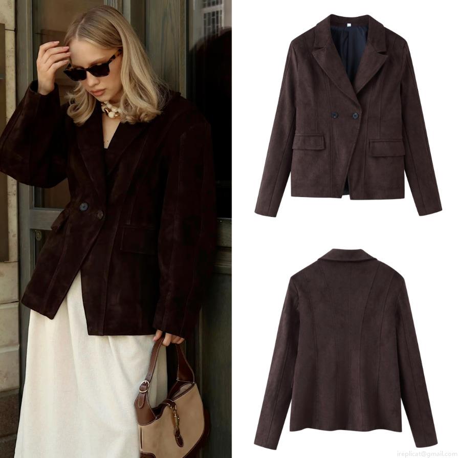Women's Fashion Suede Like Double Breasted Blazer Jacket Slim Fit Turn Down Collar Solid Coffee Coat For Autumn Winter Streetwear