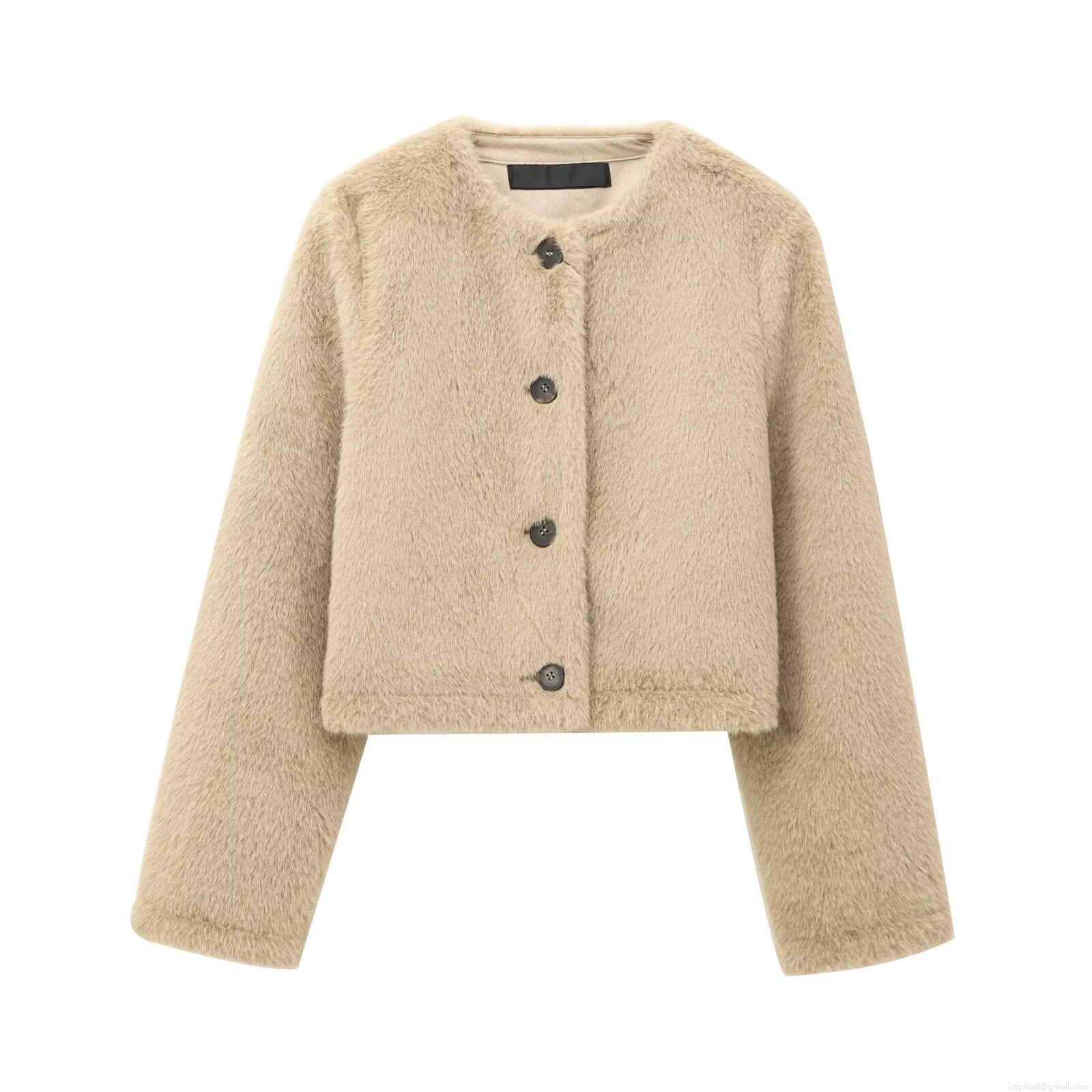 Women Elegant Faux Rabbit Fur Short Jacket Solid Color Round Neck Single Breasted Warm Plush Coat For Party Daily Streetwear Lady