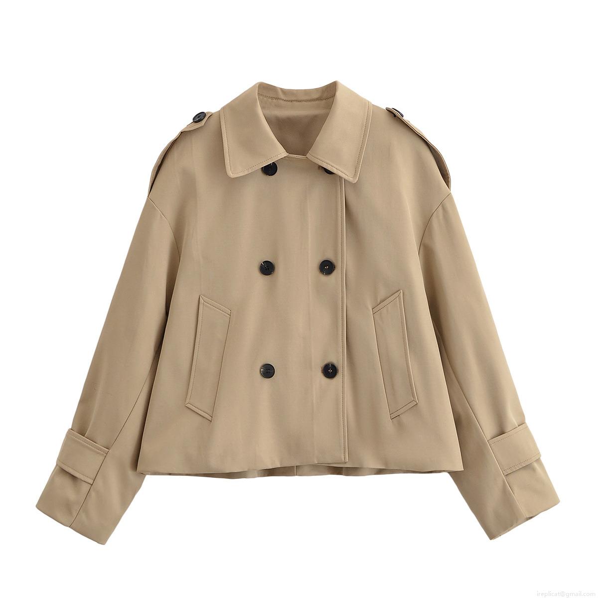 Women Elegant Khaki Short Trench Coat Double Breasted Lapel Windbreaker Jacket With Epaulettes Long Sleeve Outerwear For Office Casual Lady