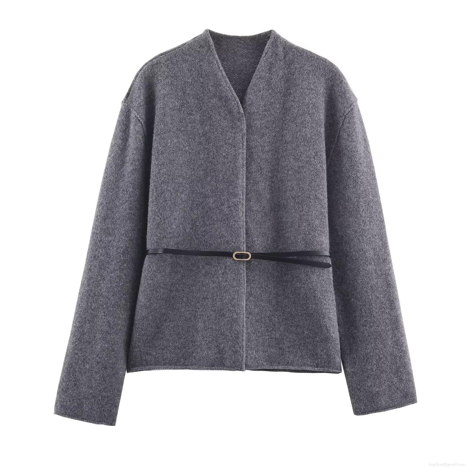 Women's Fashion Casual Short Wool Blend Jacket With Belt V-Neck Long Sleeve Outerwear For Fall Winter Elegant Grey Cardigan Coat