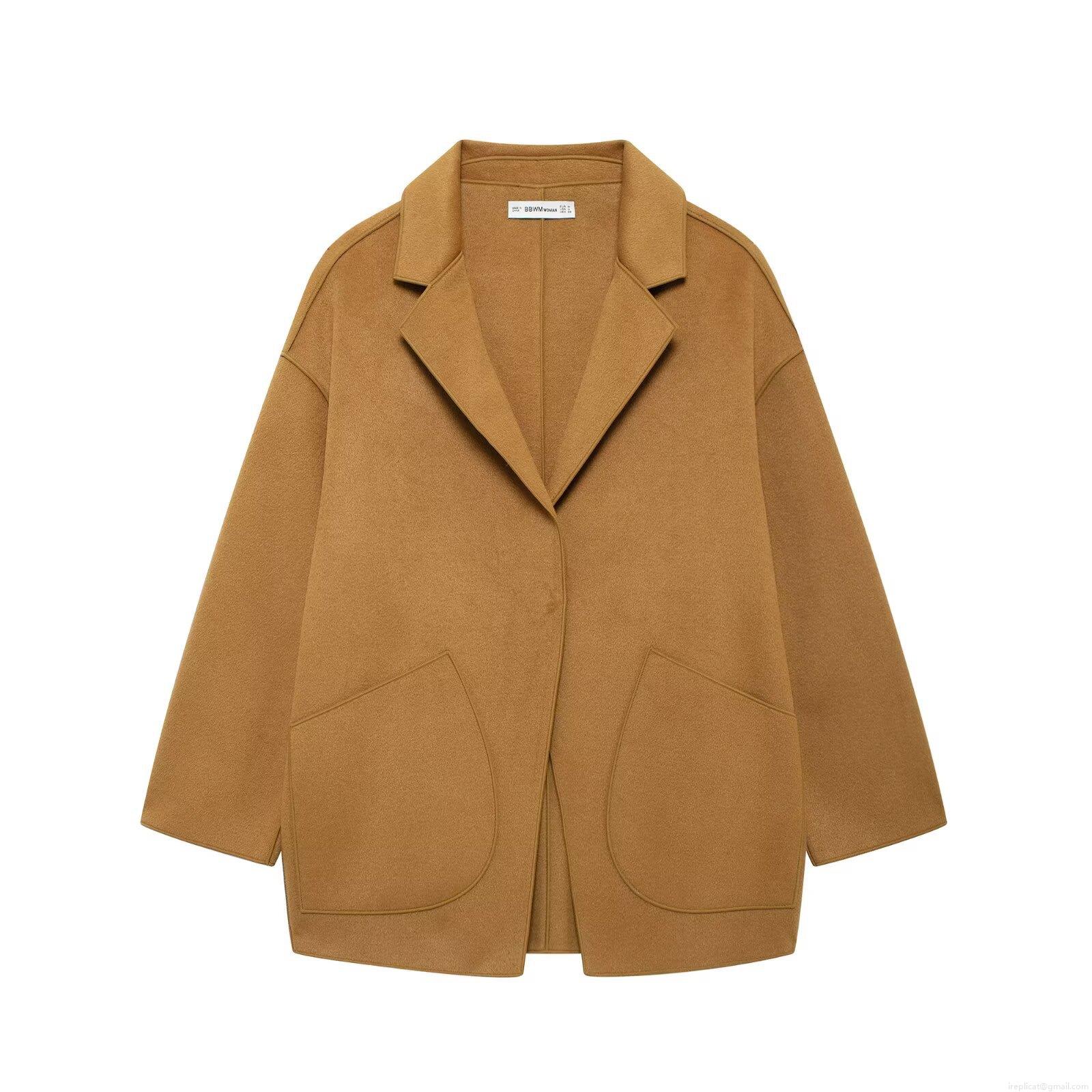 Women Fashion Double Sided Woolen Coat Polyester Lapel Long Sleeve Casual Jacket Minimalist Solid Color Warm Outwear For Daily Commute Adult