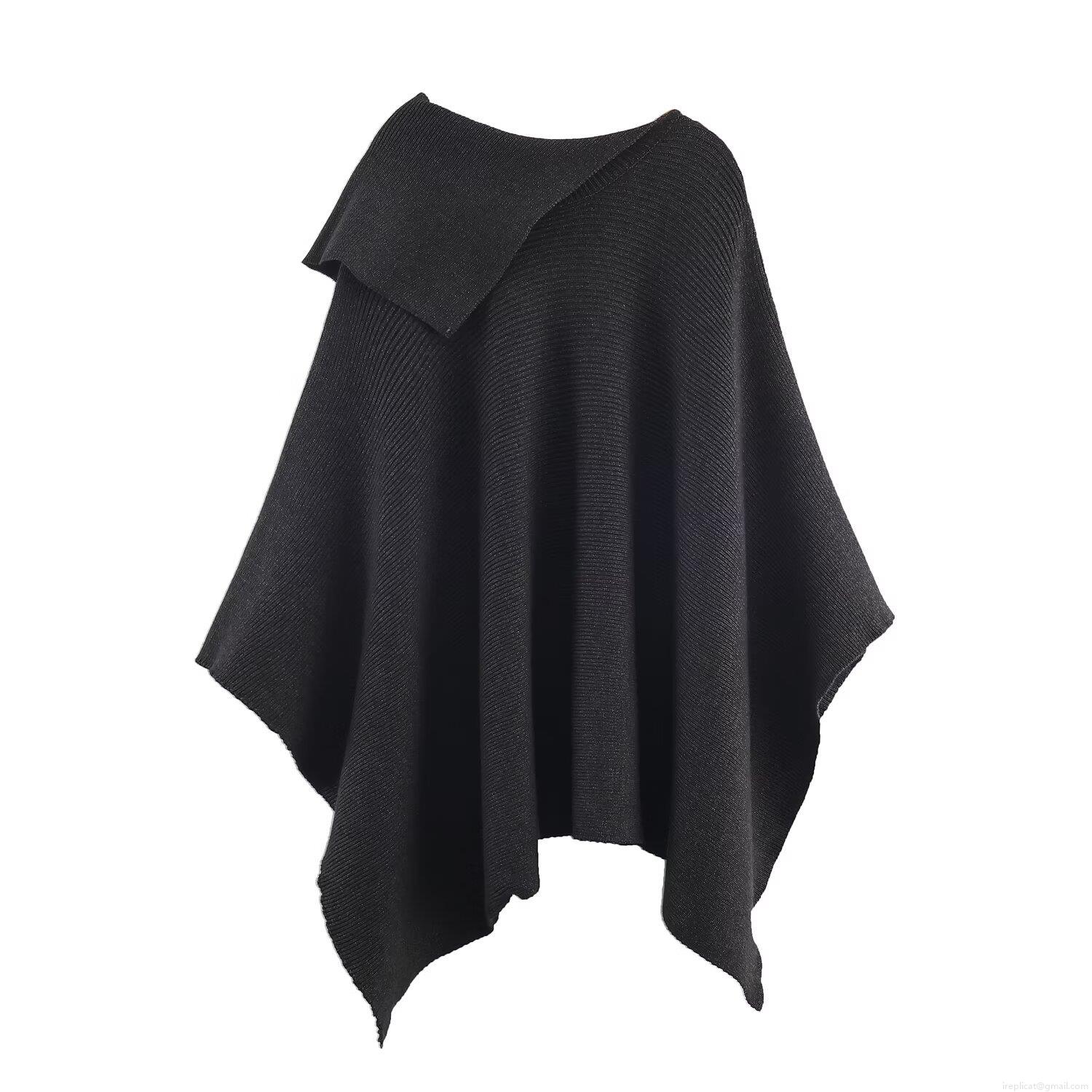Women's Fashion Asymmetric Polyester Knit Poncho Jacket Elegant Solid Color Ribbed Zip Up Cape Outwear For Autumn Winter