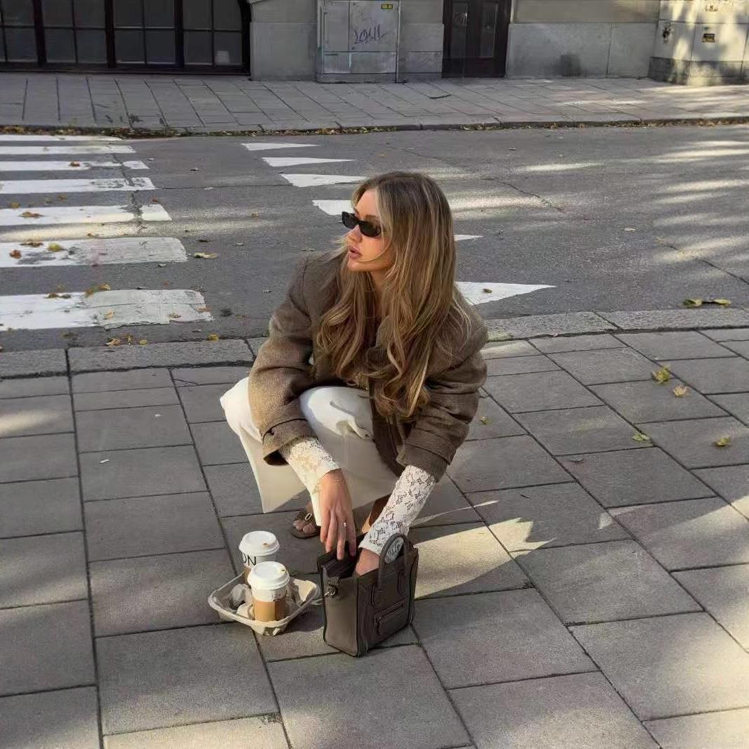 Women's Fashion Casual Short Jacket Loose Stand Collar Long Sleeve Zipper Coat Outwear With Pockets Polyester Twill Texture Camel Brown Jacket For Autumn Spring Streetwear
