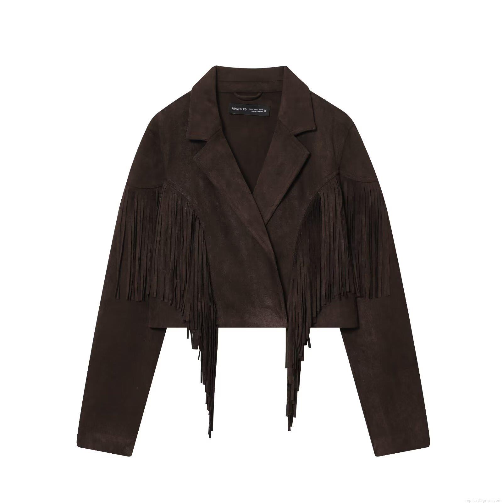 Women's Retro Faux Suede Fringe Jacket Short Lapel Long Sleeve Solid Color Outwear For Party Daily Casual Bohemian Style Coat