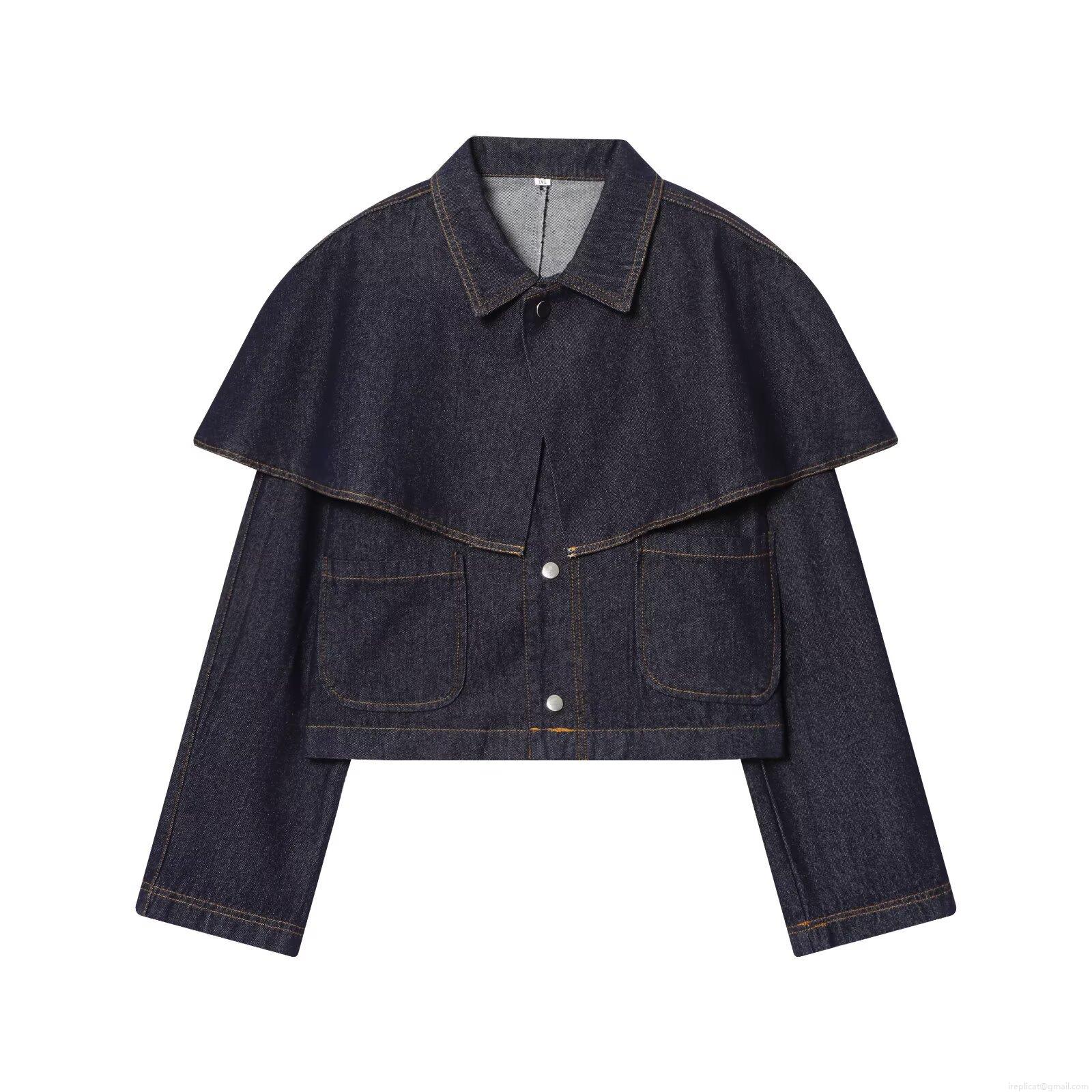 Women's Fashion Casual Denim Cape Jacket Long Sleeve Short Jean Top With Metal Buttons And Pockets Solid Dark Blue Denim Coat For Women