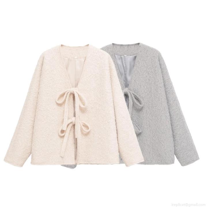 Women Casual Faux Lamb Wool Fuzzy Coat V-Neck Long Sleeve Tie-Front Bowknot Mid-Length Cardigan Warm Outerwear Jacket For Autumn Winter
