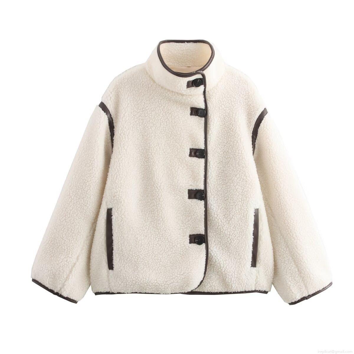 Women's Loose Lamb Wool Fleece Jacket With Contrast Faux Leather Trim Vintage Standing Collar Single Breasted Warm Winter Coat For Ladies Casual Outwear