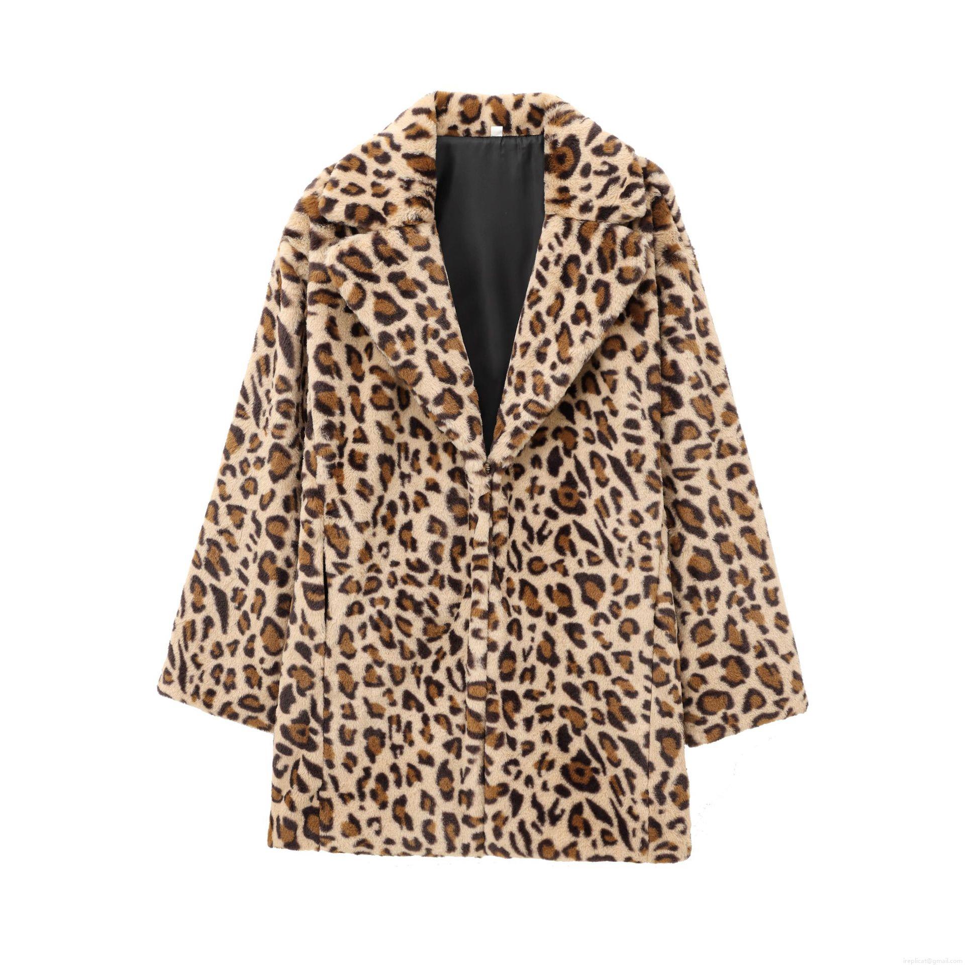 Women's Leopard Print Faux Fur Coat Lapel Collar Long Sleeve Open Front Thick Warm Winter Outerwear Jacket Casual Fashion Streetwear