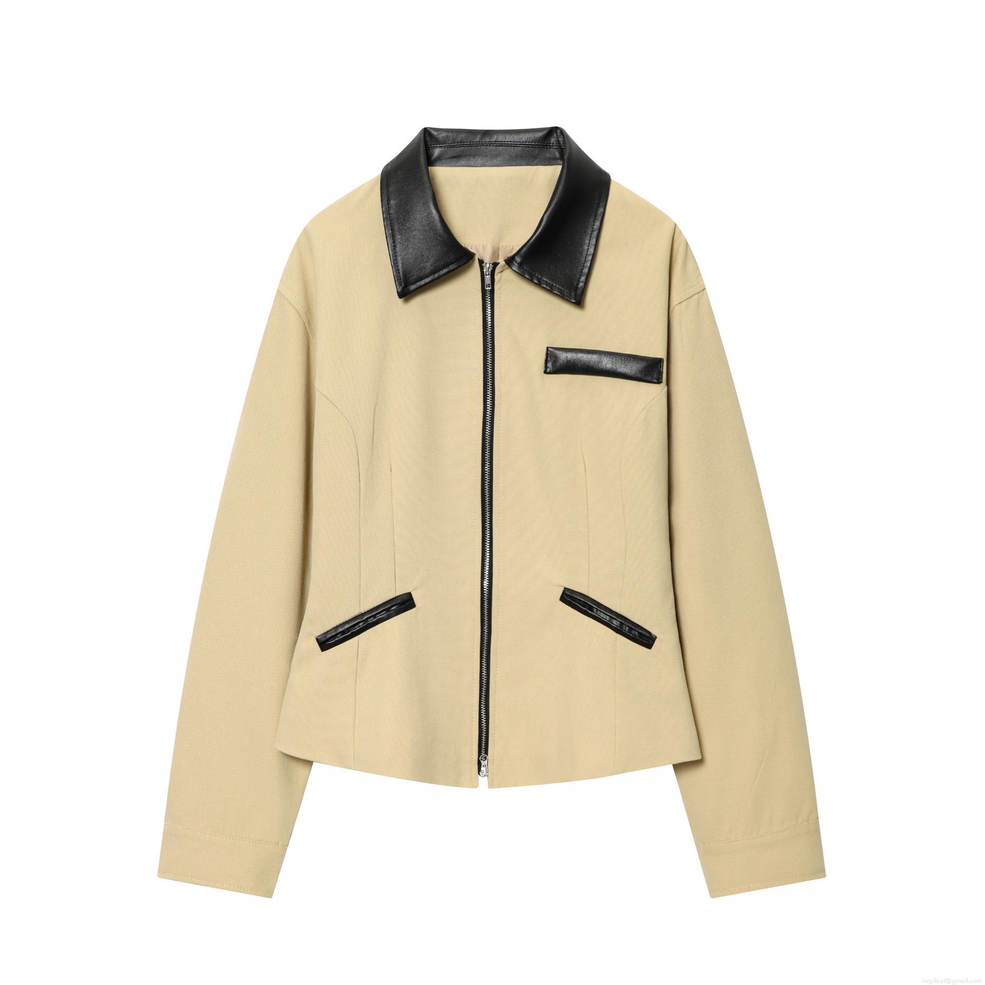 Women's Retro Khaki Canvas Jacket With Black PU Leather Lapel Collar Metal Zipper Short Slim Fit Long Sleeve Outerwear British Style Casual Streetwear For Ladies