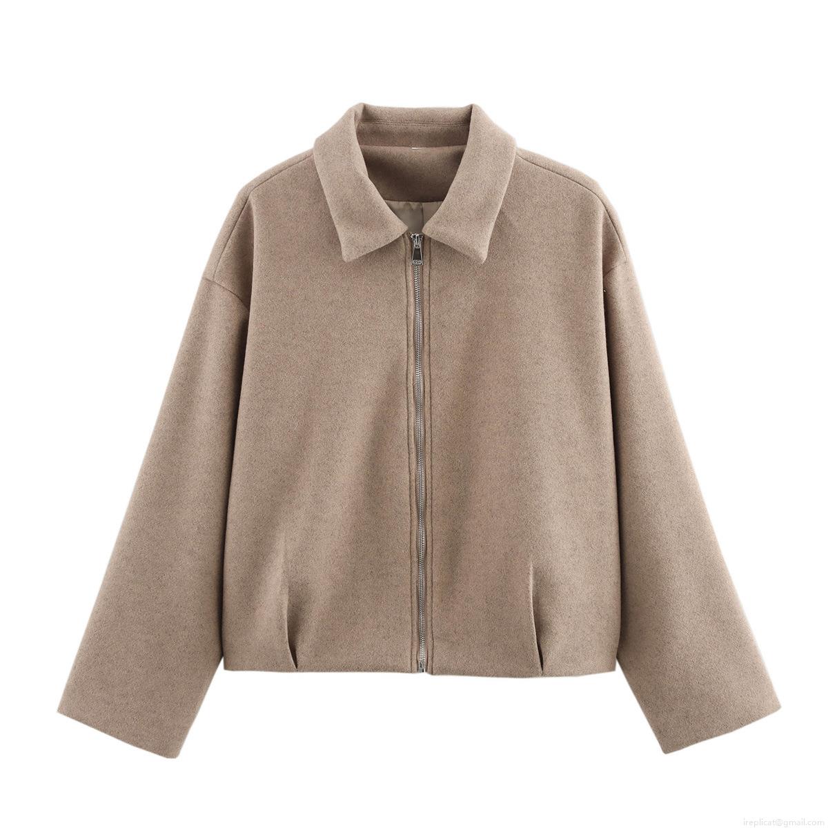 Women's Fashion Short Woolen Tweed Jacket Elegant Lapel Collar Metal Zipper Drop Shoulder Autumn Winter Warm Outerwear For Ladies