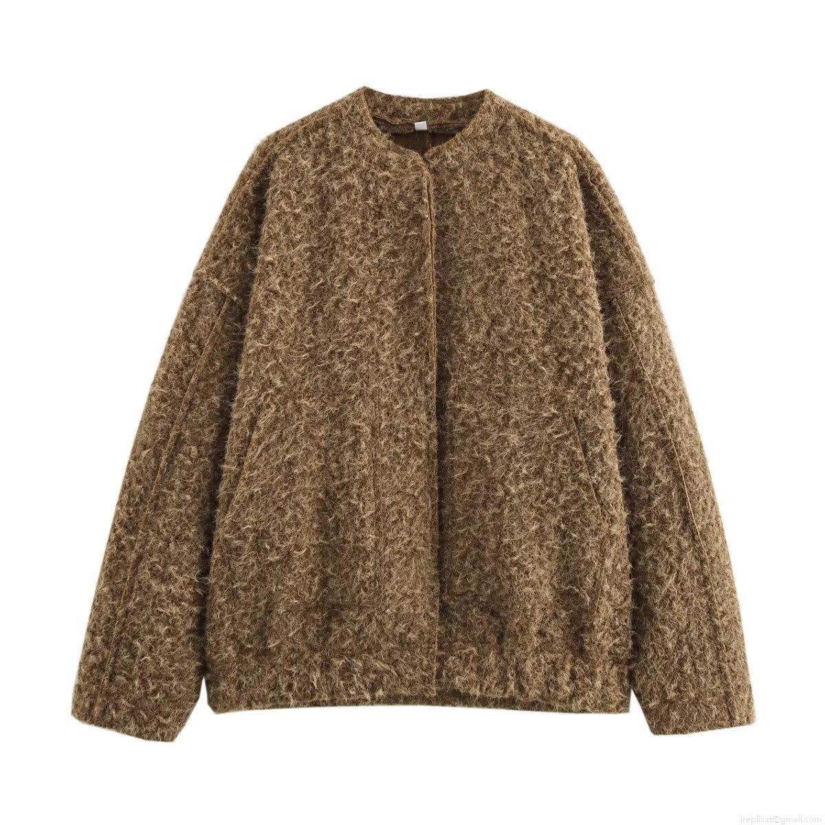 Women's Faux Fur Short Jacket Solid Round Neck Long Sleeve Plush Outerwear Elegant Casual Zipper Coat For Women