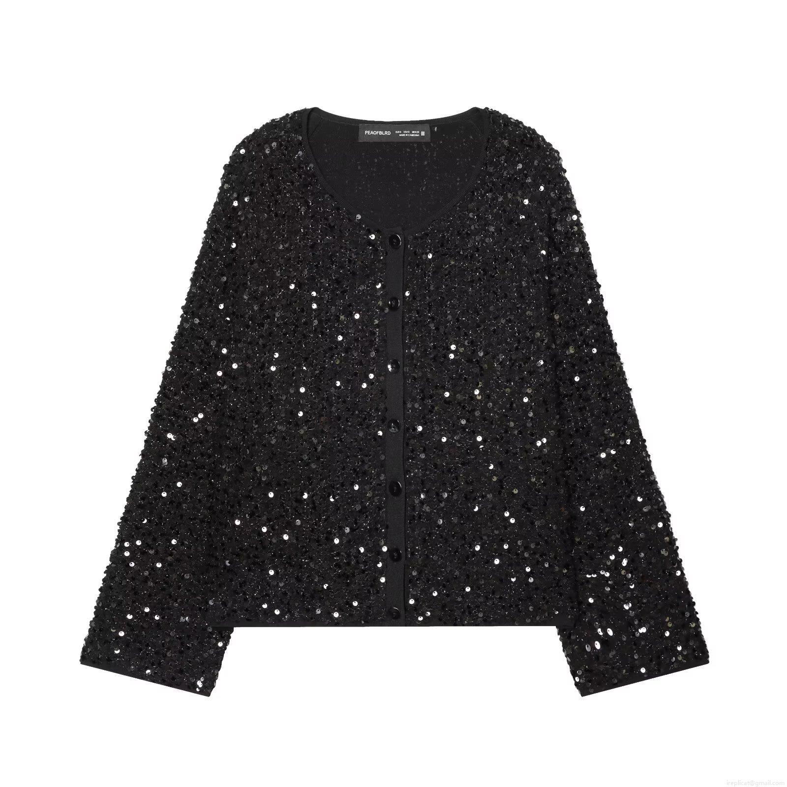 Women Sequin Sparkly Jacket Round Neck Long Sleeve Single Breasted Cardigan Elegant Party Shimmering Evening Outerwear Coat