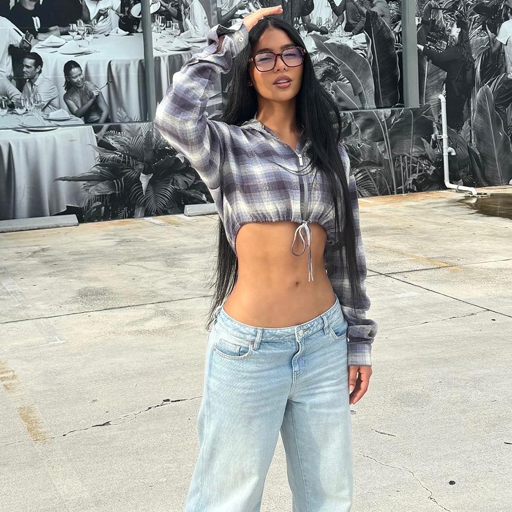 Women's Plaid Cropped Hooded Jacket Woven Cotton Zip Up Drawstring Waist Long Sleeve Streetwear Outwear Coat for Women Daily Outdoor Fashion