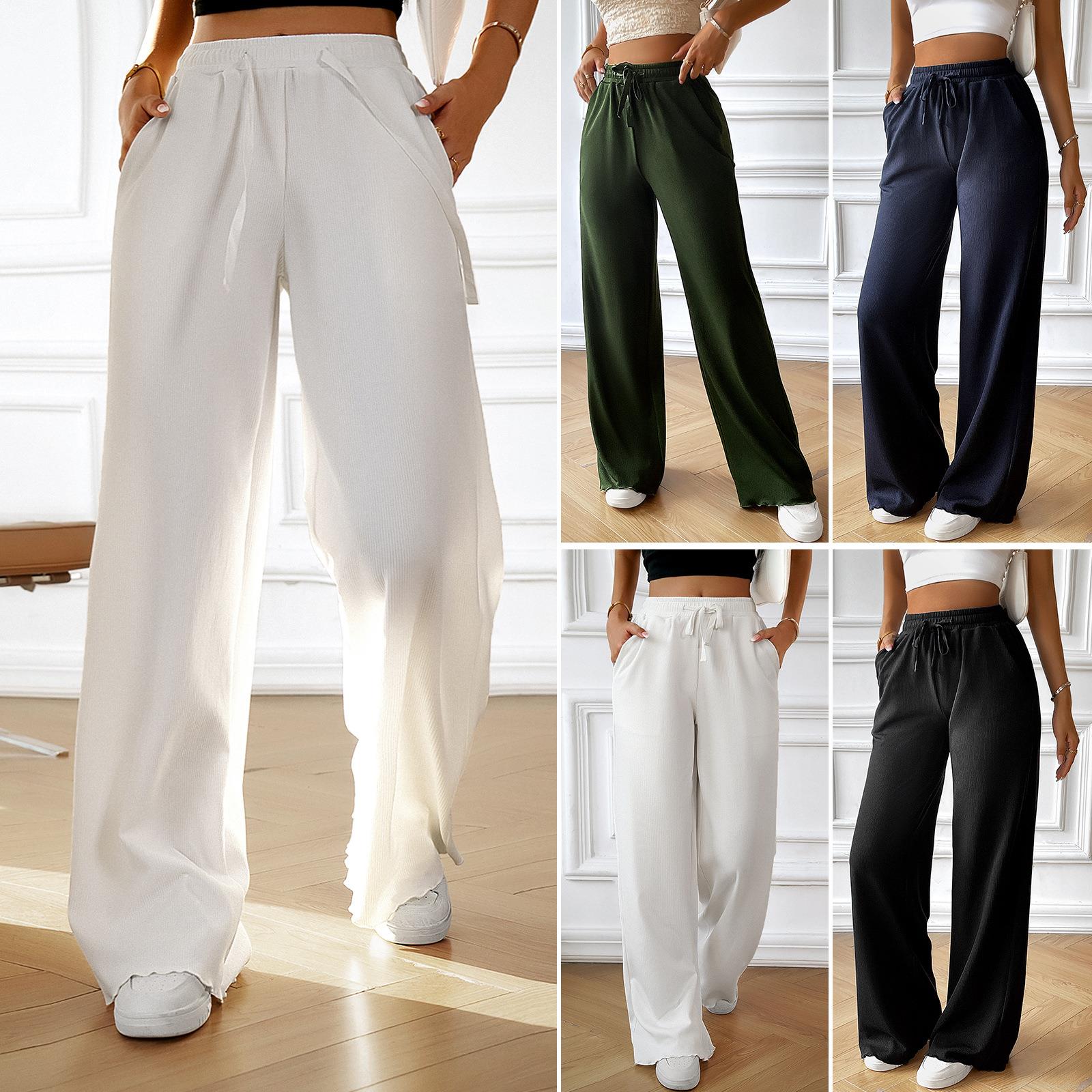 Women's Casual Wide Leg Pants Elastic High Waist Drawstring Solid Color Ribbed Knit Trousers With Pockets Loose Fit Fall Winter Commute Lounge Pants