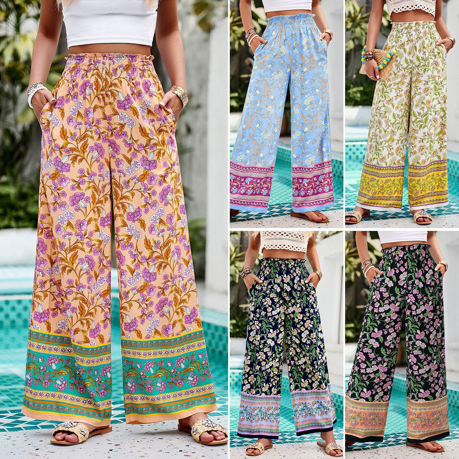 Women's Bohemian Floral Wide Leg Pants High Waist Elastic Waist Relaxed Fit 100% Viscose Palazzo Trousers with Pockets for Summer Beach Vacation