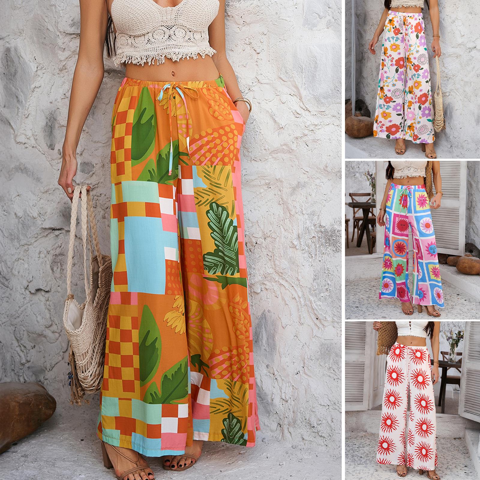 Women's Bohemian Printed Wide Leg Pants High Waisted Drawstring Rayon Trousers For Summer Beach Vacation Casual Lightweight Flowy Slacks Floral Sun Pattern