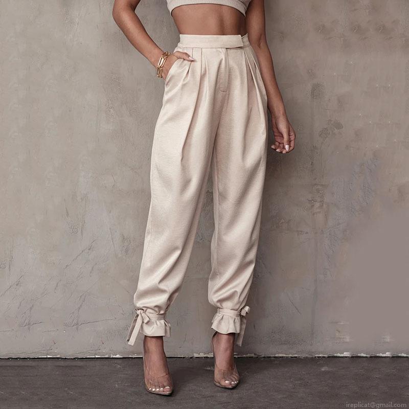 Women Satin High Waist Tapered Pants Solid Color Loose Casual Trousers With Ankle Ribbon Ties Elegant Commuter Office Lady Long Pants