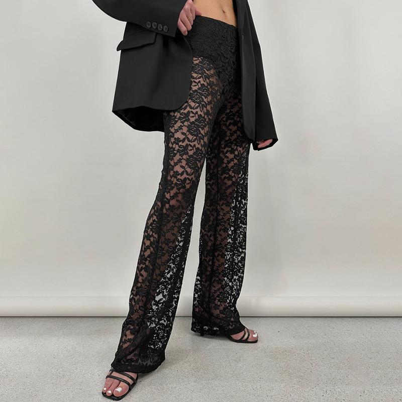 Women Sexy Floral Lace See-Through High Waist Straight Leg Pants Elegant Hollow Out Mesh Long Trousers For Summer Party Clubwear Streetwear