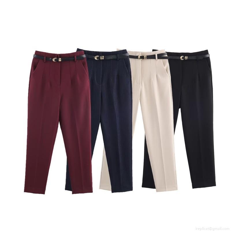 Women's High Waist Straight Leg Trousers With Belt Elegant Office Lady Commuter Casual Long Pants Solid Color Polyester Business Dress Trousers