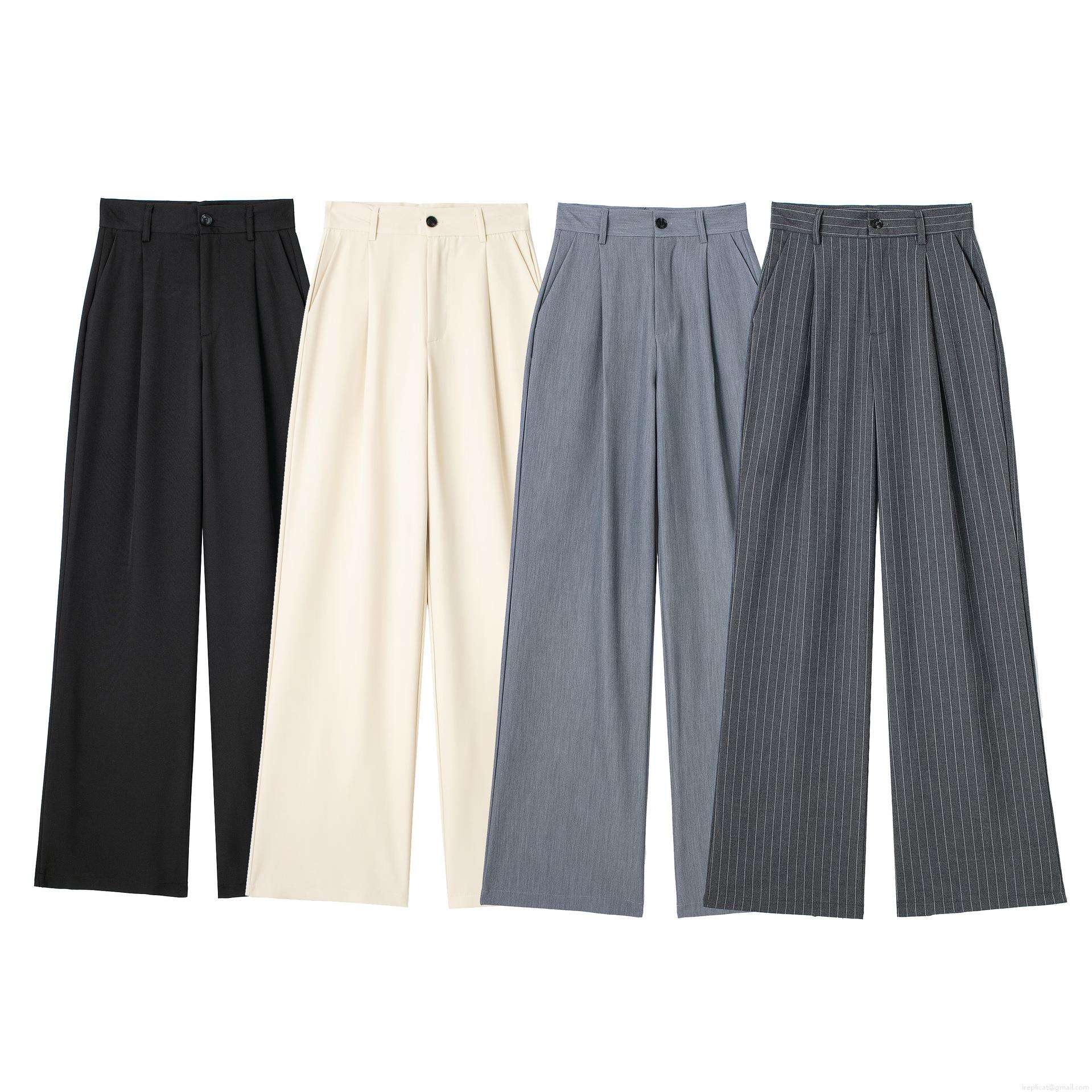 Women High Waist Wide Leg Pants Casual Straight Pleated Trousers Business Office Striped Solid Color Polyester Long Pants with Pockets
