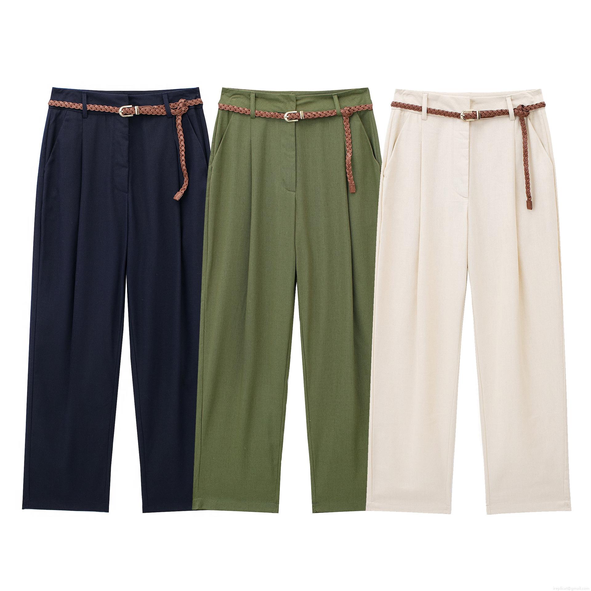 Women's High Waisted Wide Leg Casual Pants With Woven Belt Elegant Solid Street Style Polyester Long Trousers For Autumn Daily Wear