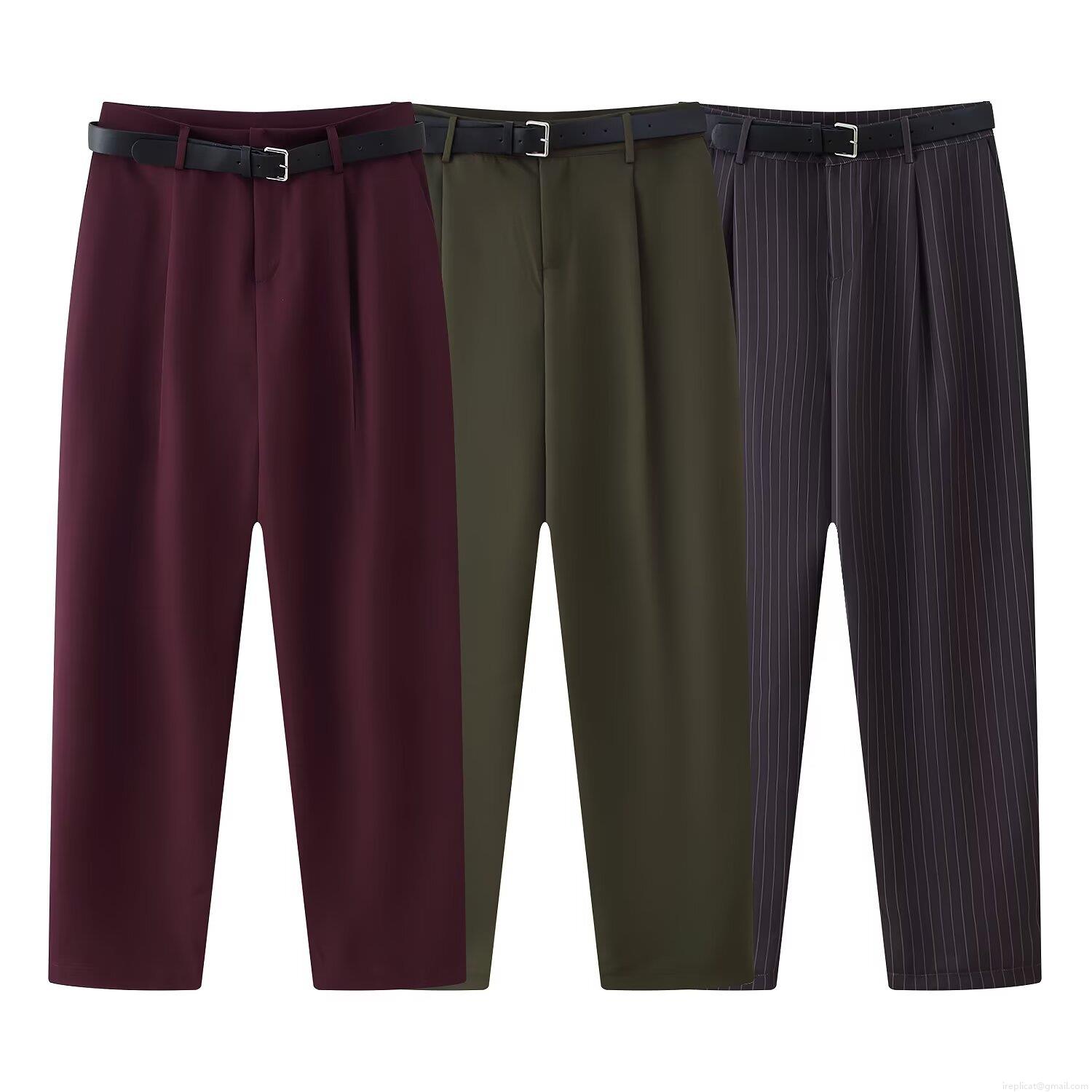 Women's High Waist Casual Wide Leg Pants With Belt Elegant Double Pleated Long Trousers Striped Solid Color Polyester Slacks For Office Streetwear