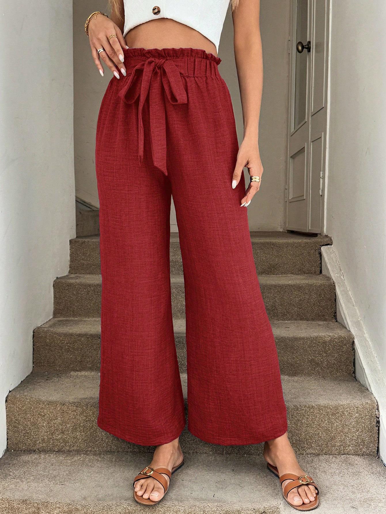 Women's High Waist Wide Leg Pants Polyester Blend Linen Texture Tie Front Elastic Waist Casual Loose Drape Trousers for Vacation Beach Summer Daily